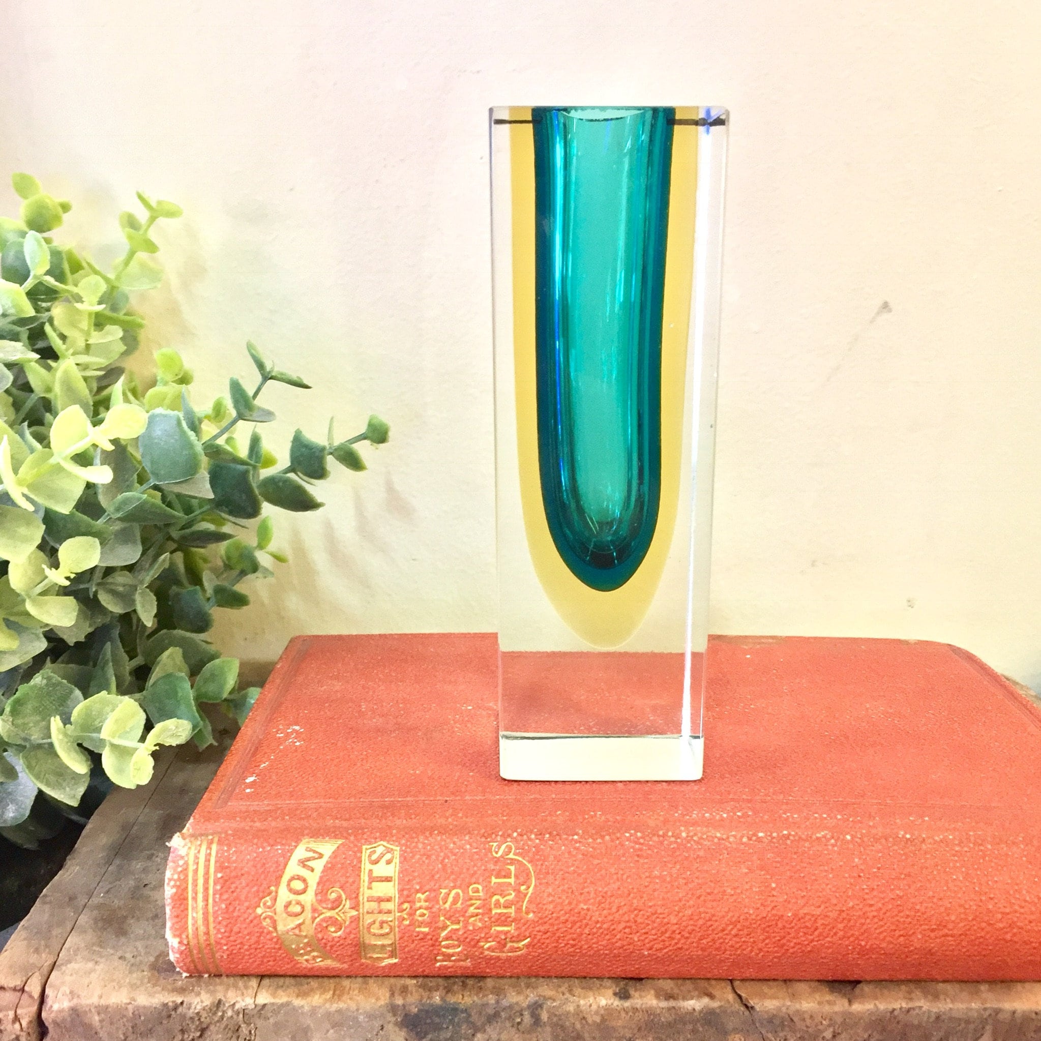 Vintage Candlestick Holder, Glass Candle Holder, Art Glass, Green, Yellow, Square, Rectangle, Vintage Home Decor, Candle Holder, Centerpiece