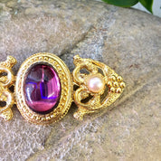 Vintage Gold Brooch, Gold Toned Brooch, Costume Jewelry, Statement Jewelry, Vintage Jewelry, Purple Stone, Faux Pearls, Victorian Style,