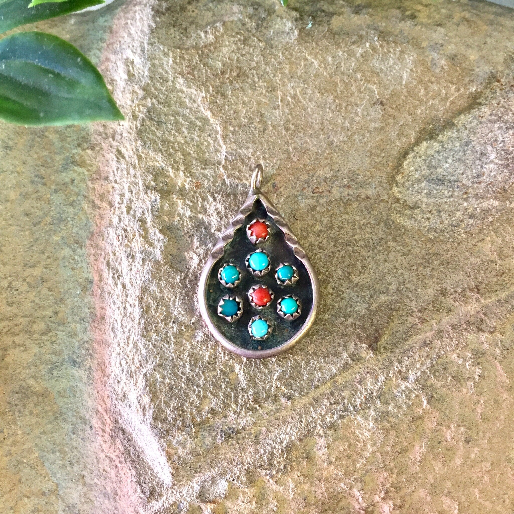 Vintage Silver Pendant, Sterling Silver, Turquoise Beads, Coral Beads, Beaded Pendant, Vintage Jewelry, Small Pendant, Vintage Necklace,