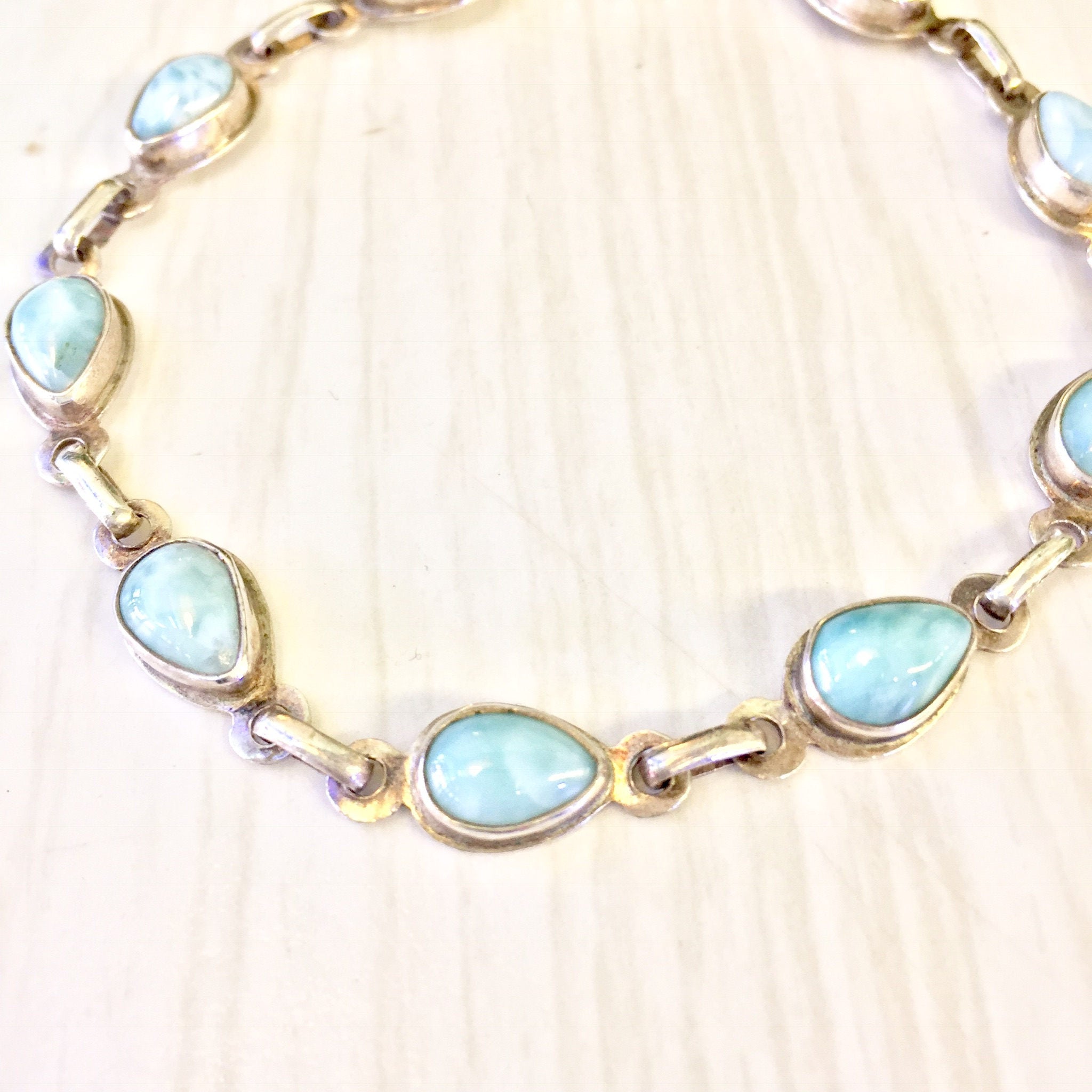 Vintage Sterling Silver Bracelet with Larimar Stones, Teardrop Shaped Stones, Link Bracelet, Vintage Jewelry, Blue, 925, Mothers Day Gift