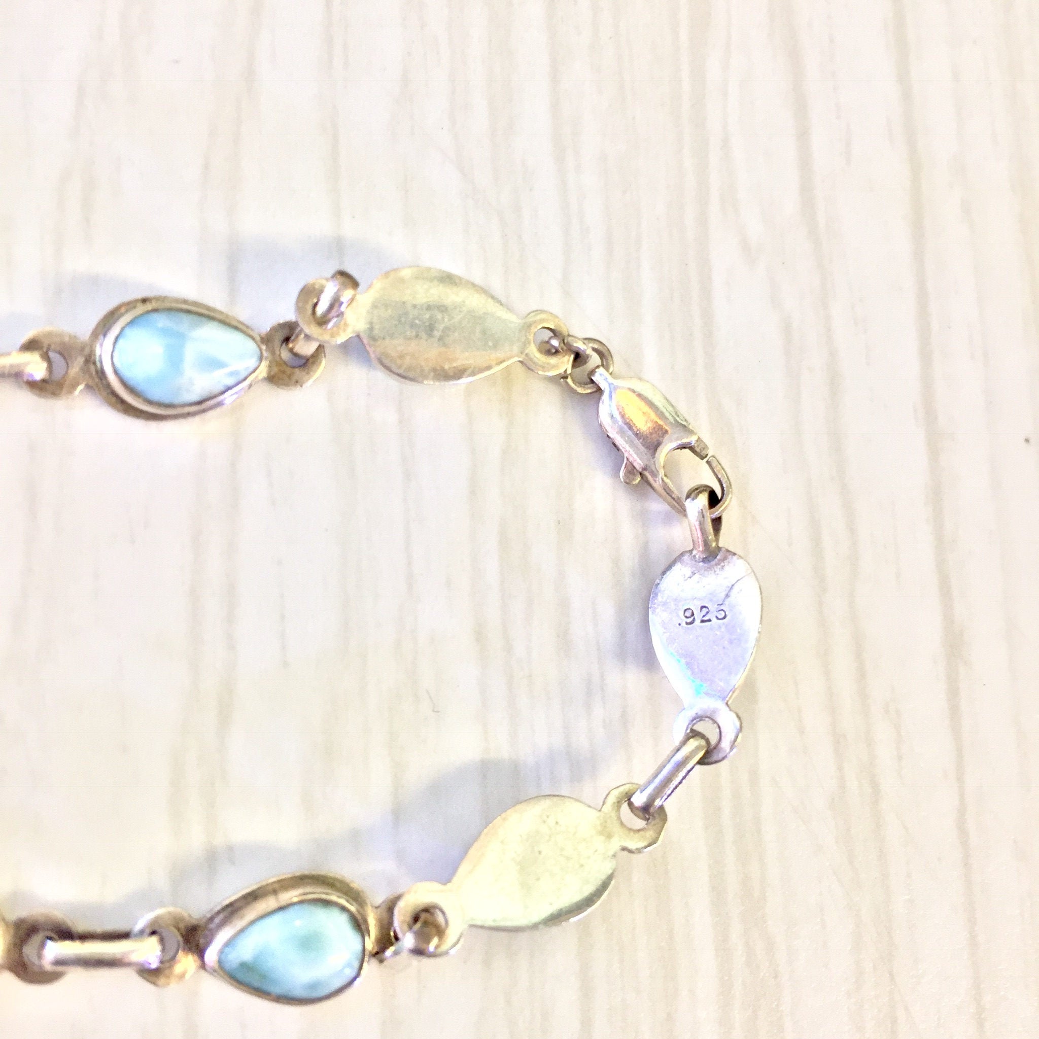 Vintage Sterling Silver Bracelet with Larimar Stones, Teardrop Shaped Stones, Link Bracelet, Vintage Jewelry, Blue, 925, Mothers Day Gift