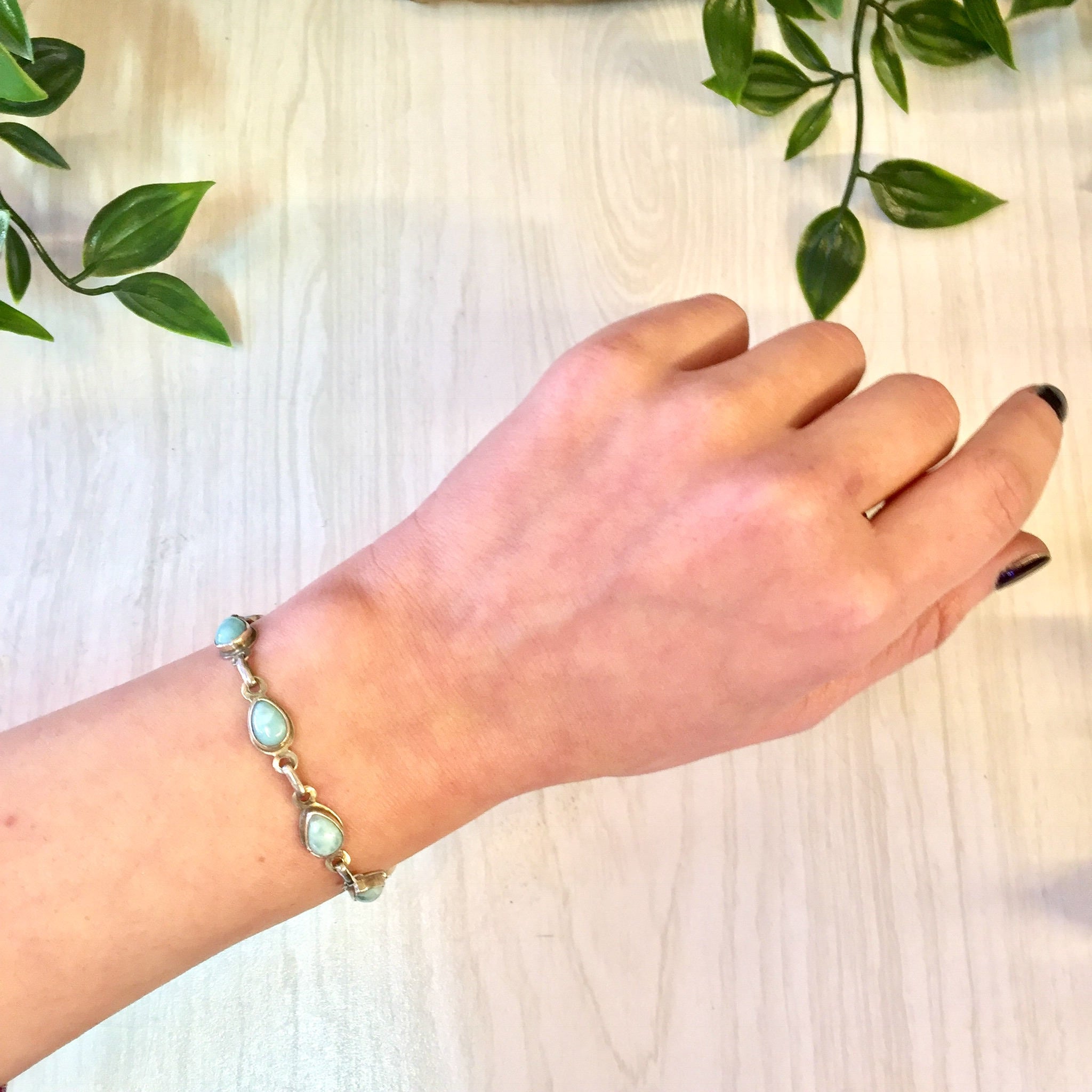 Vintage Sterling Silver Bracelet with Larimar Stones, Teardrop Shaped Stones, Link Bracelet, Vintage Jewelry, Blue, 925, Mothers Day Gift