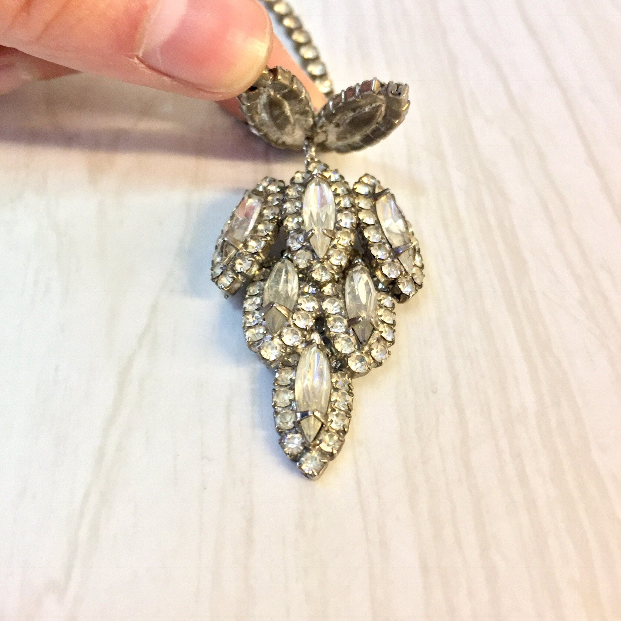 Vintage Silver Necklace, Silver Tone Necklace, Rhinestone Necklace, Rhinestone Jewelry, Statement Necklace, Beaded Jewelry, Vintage Jewelry