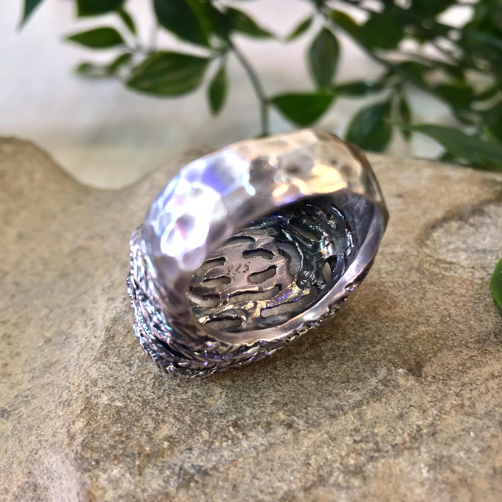 Vintage Sterling Silver Ring with Quartz Stone, Vintage Jewelry, Hammered Silver Ring, Rope Setting, Statement Jewelry, Large Ring, 925