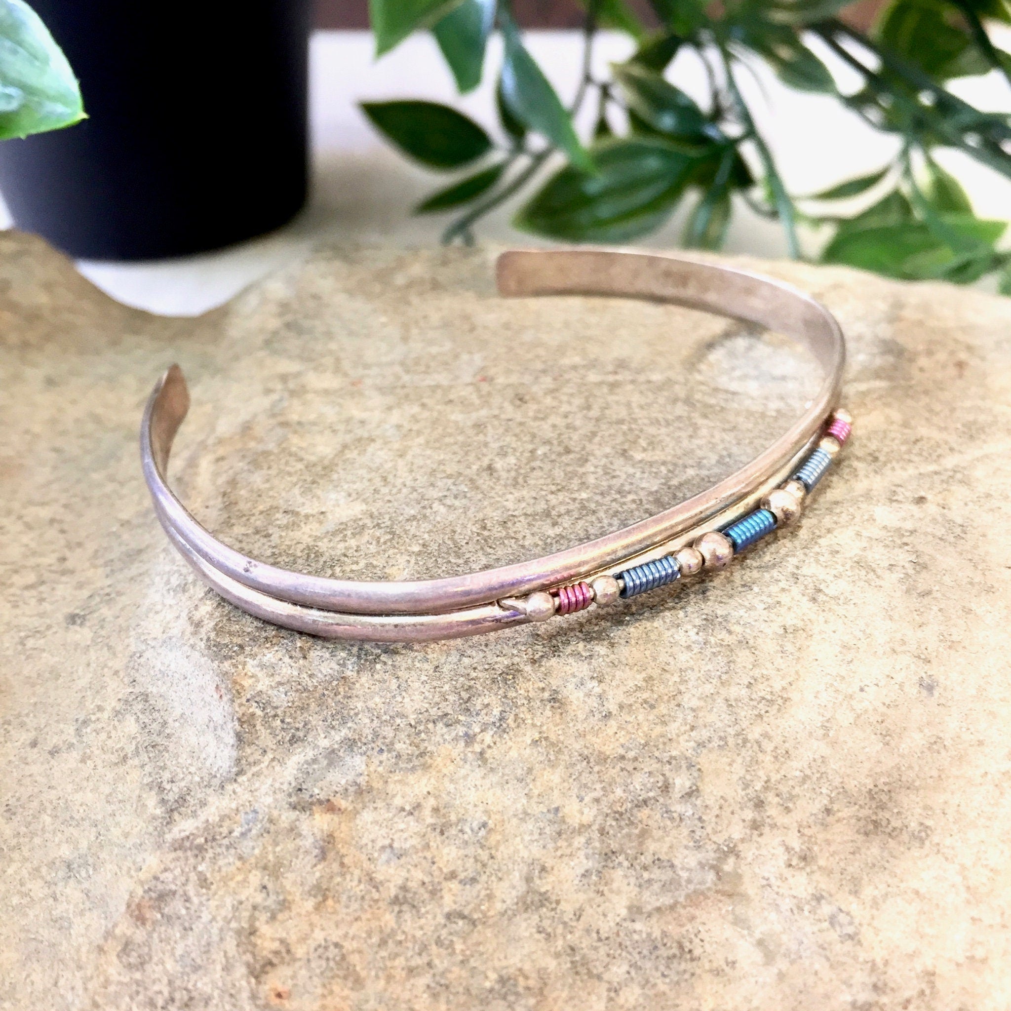 Vintage Silver Cuff, Vintage Jewelry, Cuff Bracelet, Beaded Jewelry, Sterling Silver, Blue, Pink, Purple, Beads, Thin Bracelet