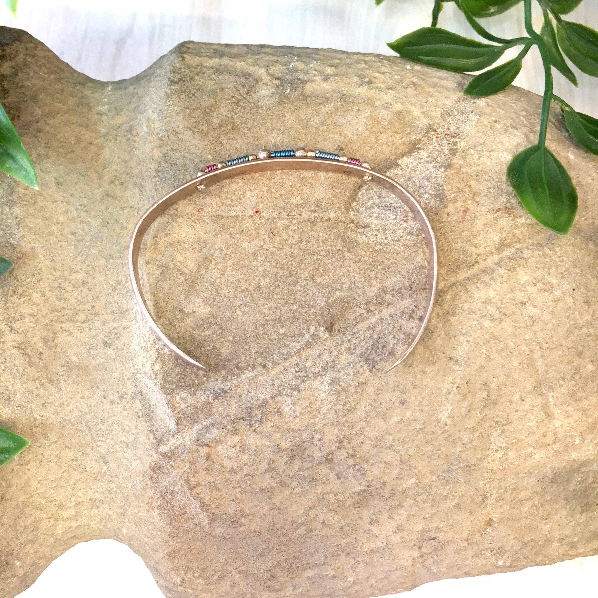 Vintage Silver Cuff, Vintage Jewelry, Cuff Bracelet, Beaded Jewelry, Sterling Silver, Blue, Pink, Purple, Beads, Thin Bracelet