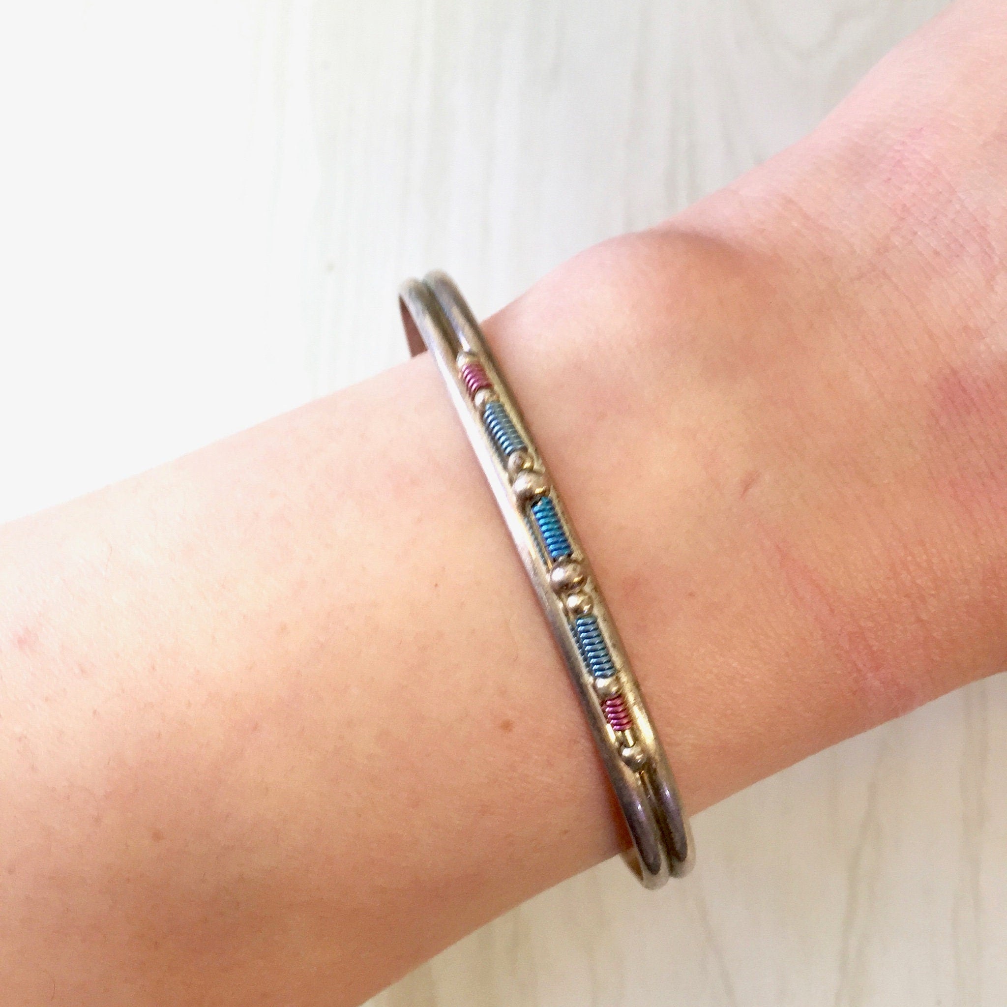 Vintage Silver Cuff, Vintage Jewelry, Cuff Bracelet, Beaded Jewelry, Sterling Silver, Blue, Pink, Purple, Beads, Thin Bracelet