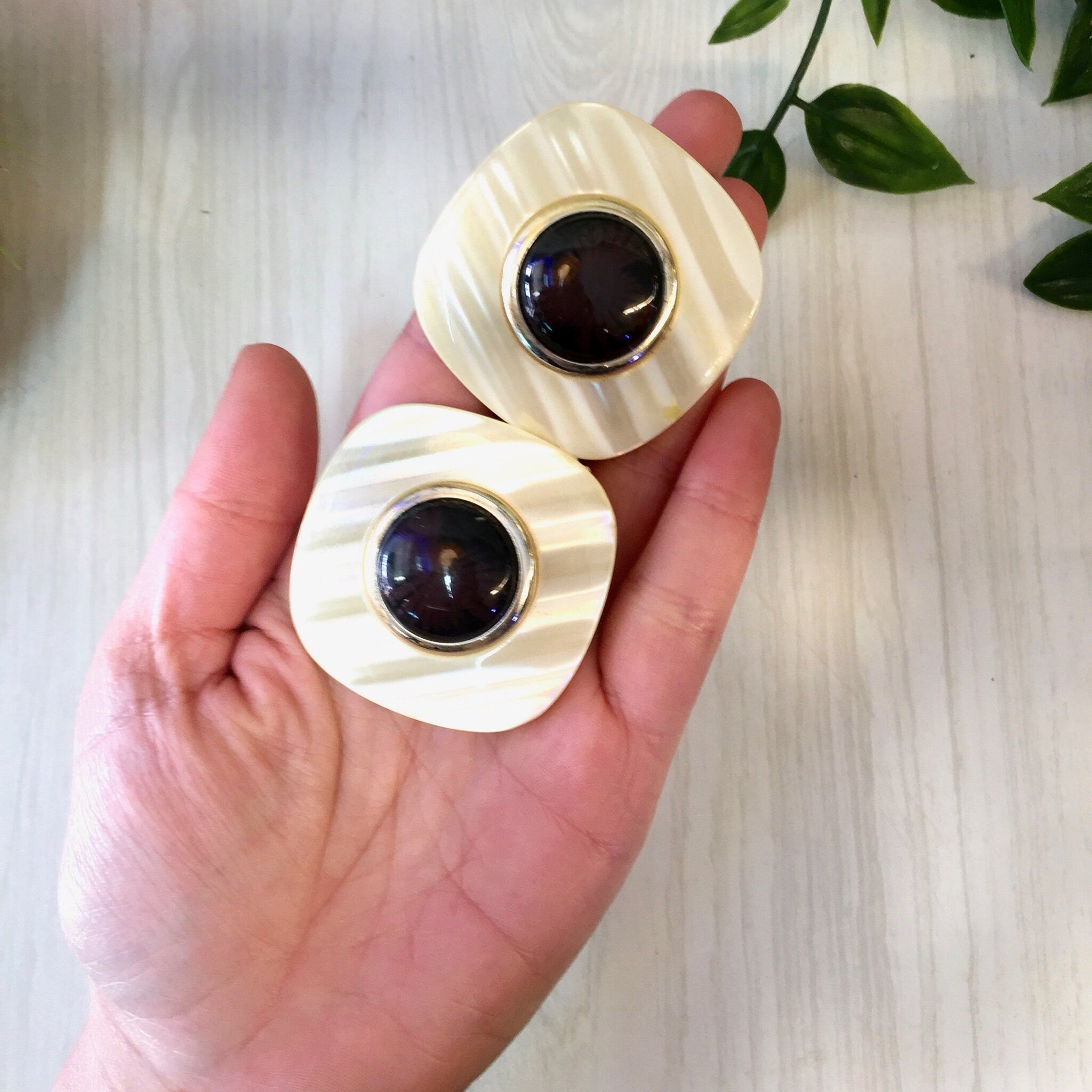 Vintage Costume Jewelry, Clip On Earrings, Plastic Earrings, Large Earrings, Statement Jewlery, Vintage Jewelry, Cream, Black, Big, 1970's