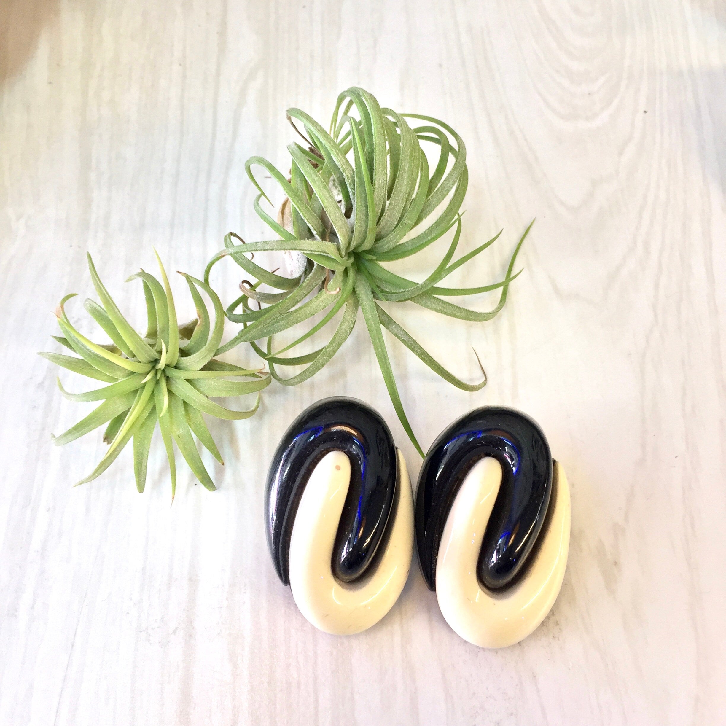 Vintage Clip On Earrings, Costume Jewelry, Earrings, Plastic, Black, White, 1960's, 1970's Fashion, Abstract, Vintage Jewelry, Oval