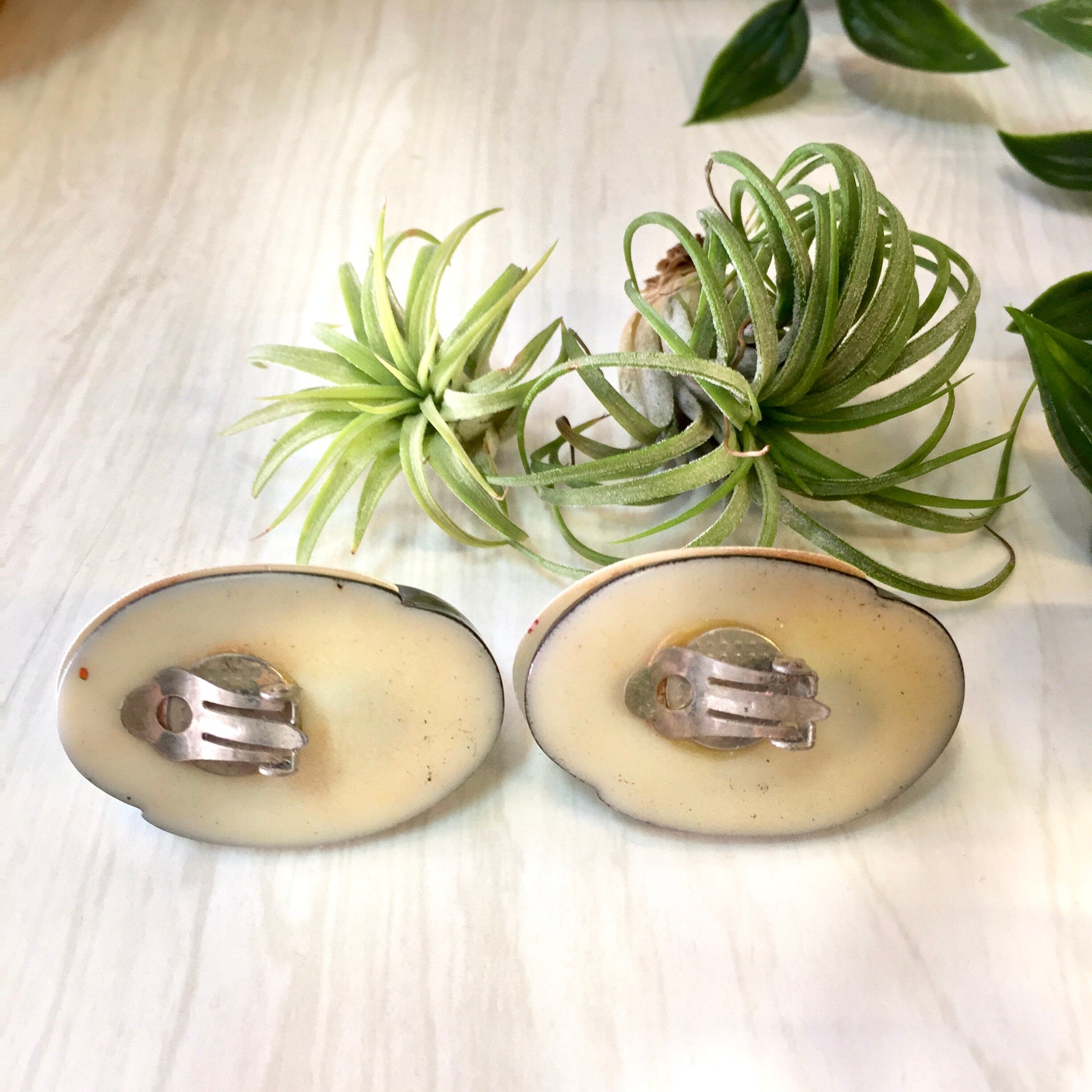 Vintage Clip On Earrings, Costume Jewelry, Earrings, Plastic, Black, White, 1960's, 1970's Fashion, Abstract, Vintage Jewelry, Oval