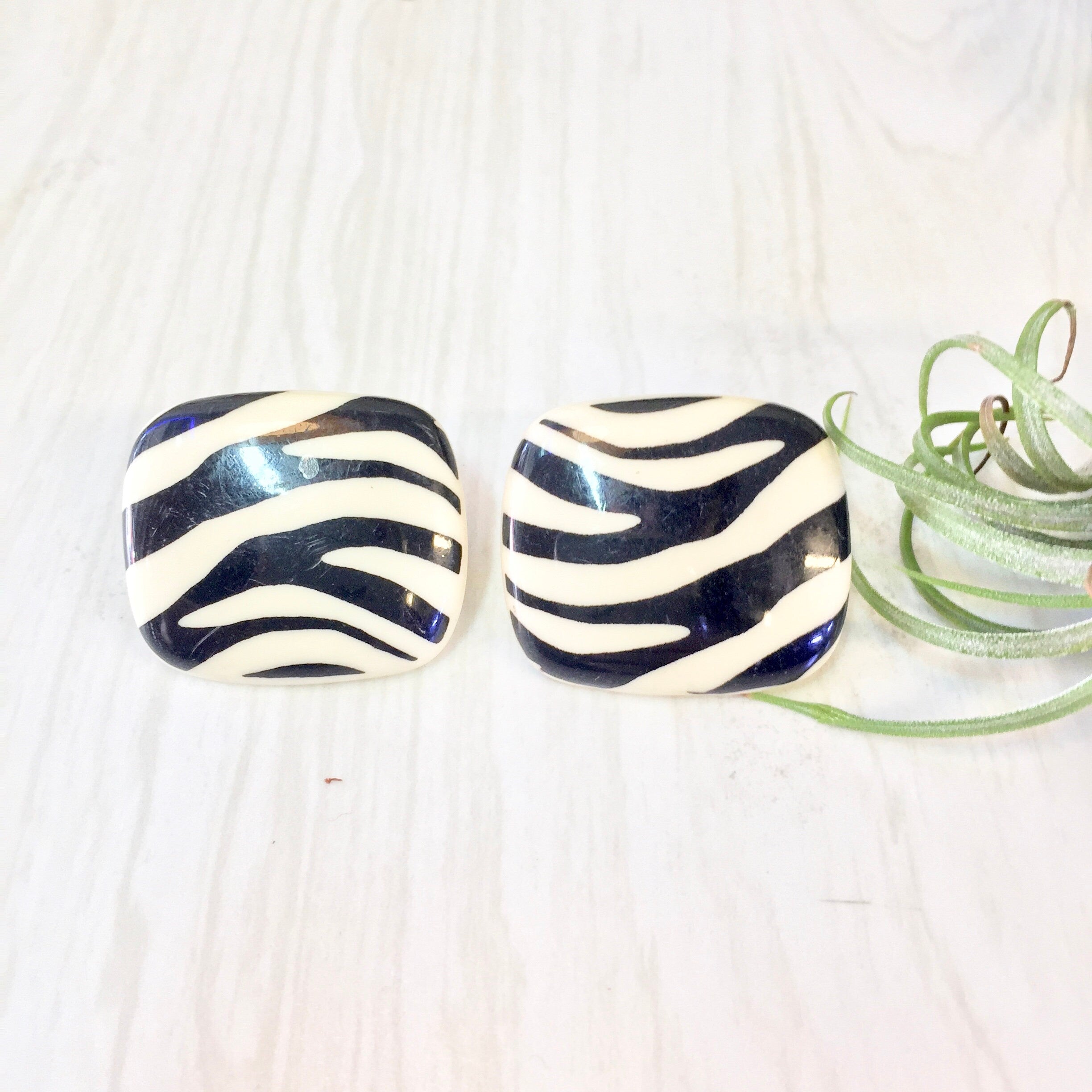Clip On Earrings, Vintage Earrings, Vintage Jewelry, Zebra Print, Animal Print, Black and White, Stripes, 1960's, 1970's, 1980's, Plastic