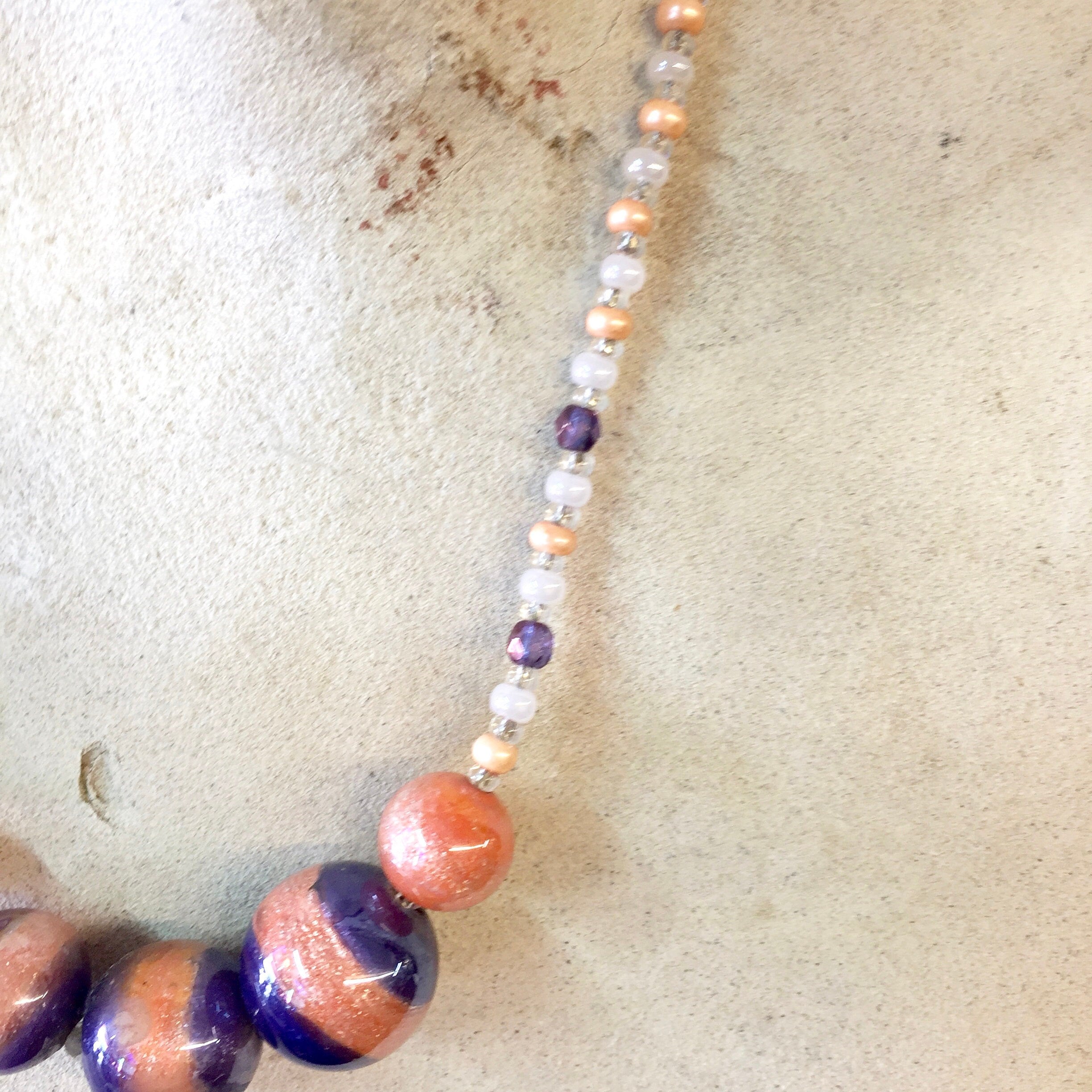 Antica Murrina Necklace, Glass Beaded Necklace, Purple, Pink, Asymmetrical Necklace, White, Blue, Beaded Jewelry, Glass Beads, Statement