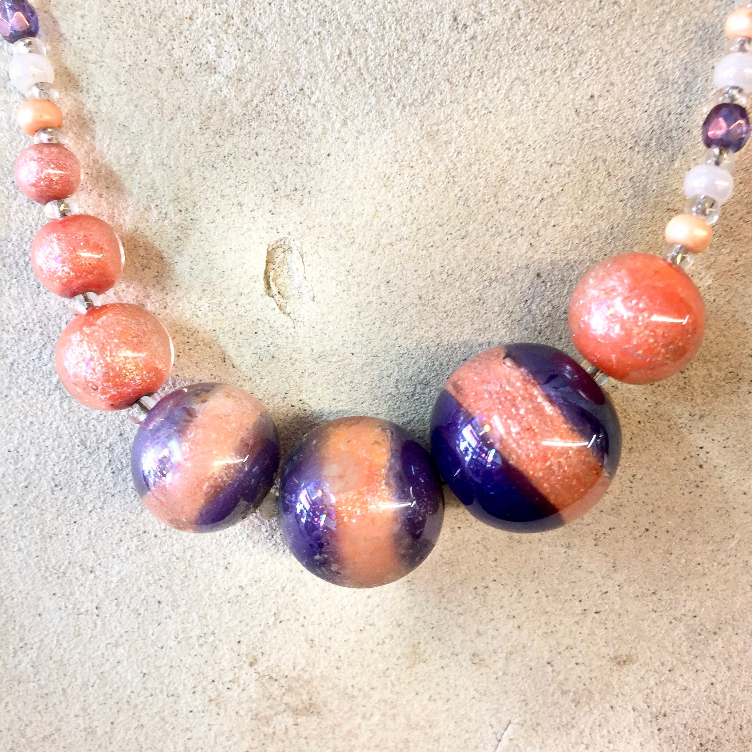 Antica Murrina Necklace, Glass Beaded Necklace, Purple, Pink, Asymmetrical Necklace, White, Blue, Beaded Jewelry, Glass Beads, Statement