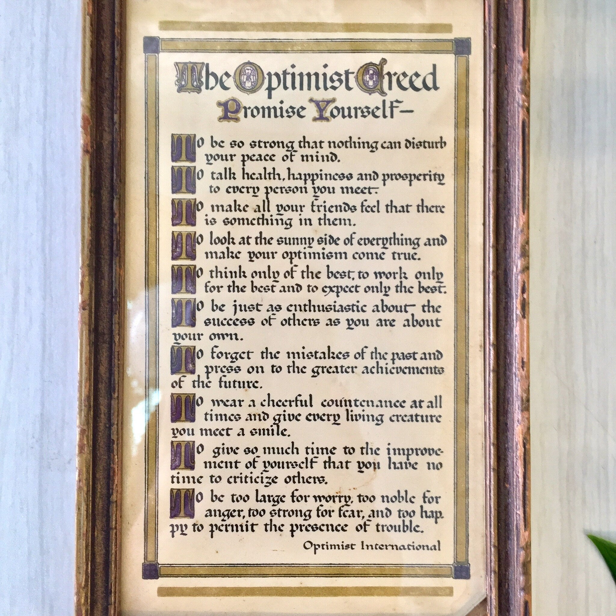 Vintage Wall Art, Framed Art, The Optimist Creed, Optimistic, Positive Thinking, PMA, Optimist International, Small Artwork, Wood Frame
