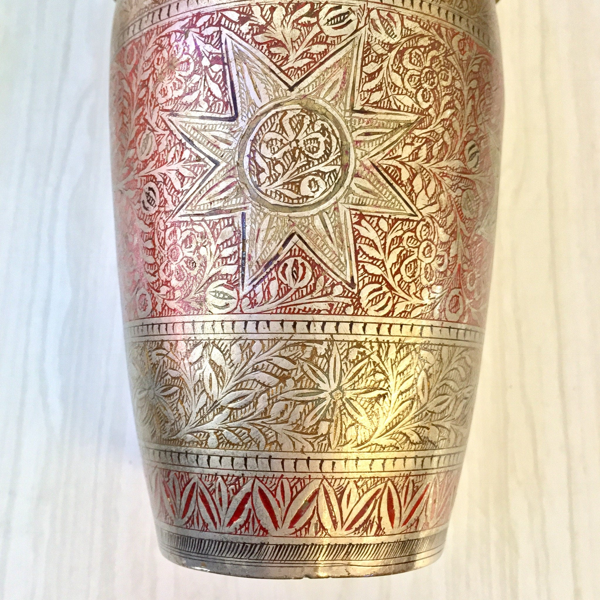 Vintage Cocktail Shaker, Vintage Barware, Etched Painted Metal, Mixology, Indian Cocktail Shaker, Silver, Red, Floral Design, Etched Metal