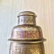 Vintage Cocktail Shaker, Vintage Barware, Etched Painted Metal, Mixology, Indian Cocktail Shaker, Silver, Red, Floral Design, Etched Metal