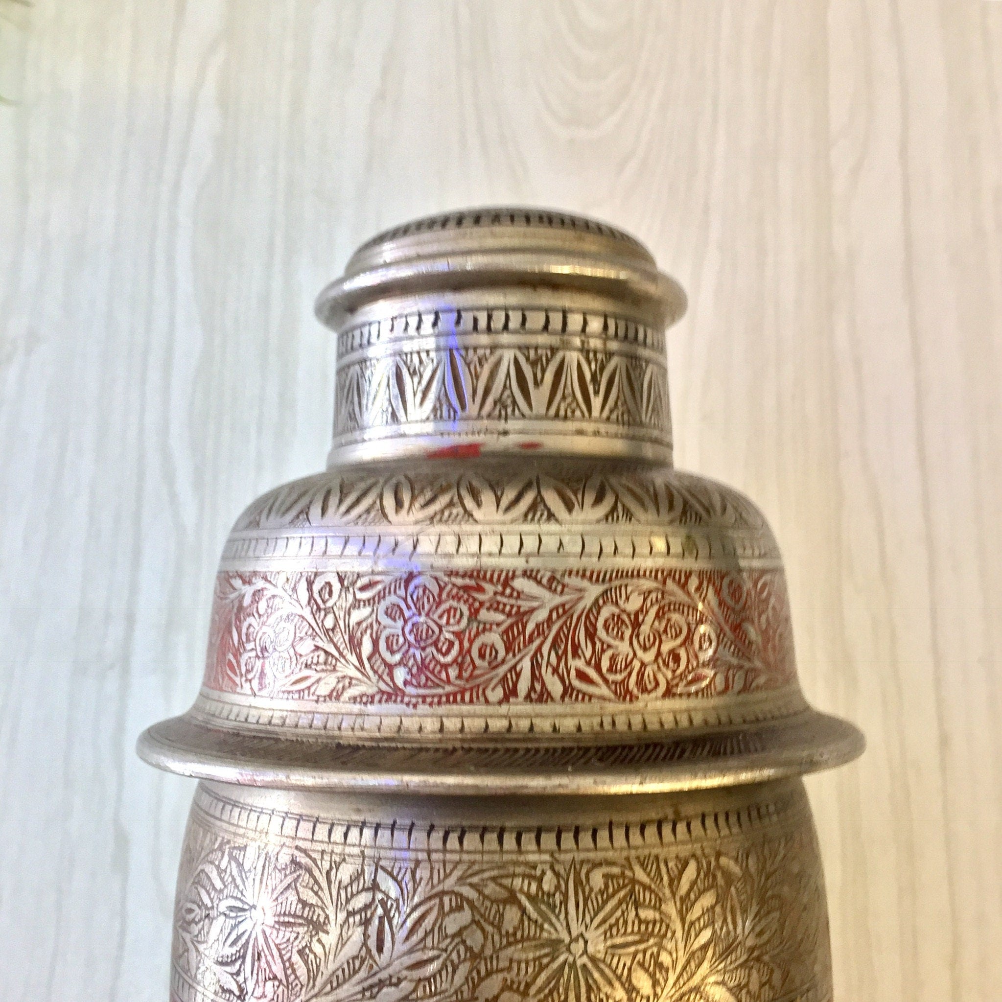 Vintage Cocktail Shaker, Vintage Barware, Etched Painted Metal, Mixology, Indian Cocktail Shaker, Silver, Red, Floral Design, Etched Metal