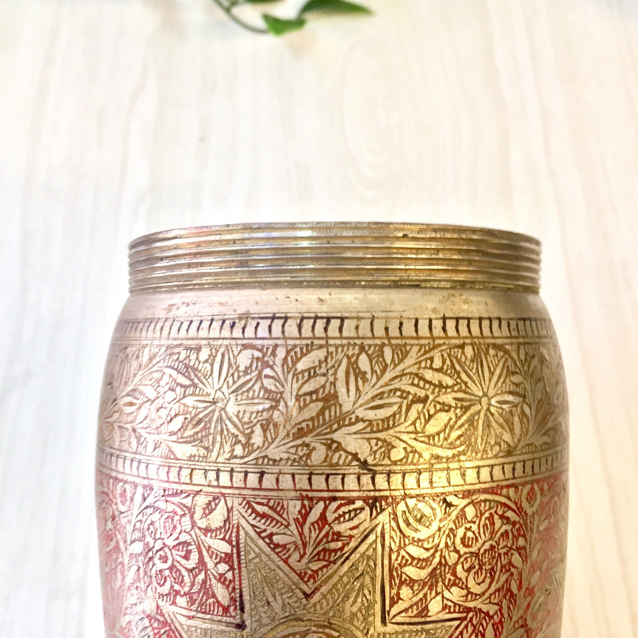 Vintage Cocktail Shaker, Vintage Barware, Etched Painted Metal, Mixology, Indian Cocktail Shaker, Silver, Red, Floral Design, Etched Metal