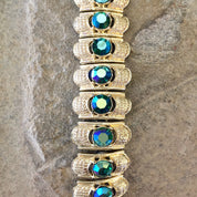 Vintage Gold Bracelet, Gold Tone Bracelet, Link Bracelet, Vintage Jewelry, Costume Jewelry, Blue, Green, Opalescent, Purple, Sparkle, Gift