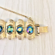 Vintage Gold Bracelet, Gold Tone Bracelet, Link Bracelet, Vintage Jewelry, Costume Jewelry, Blue, Green, Opalescent, Purple, Sparkle, Gift