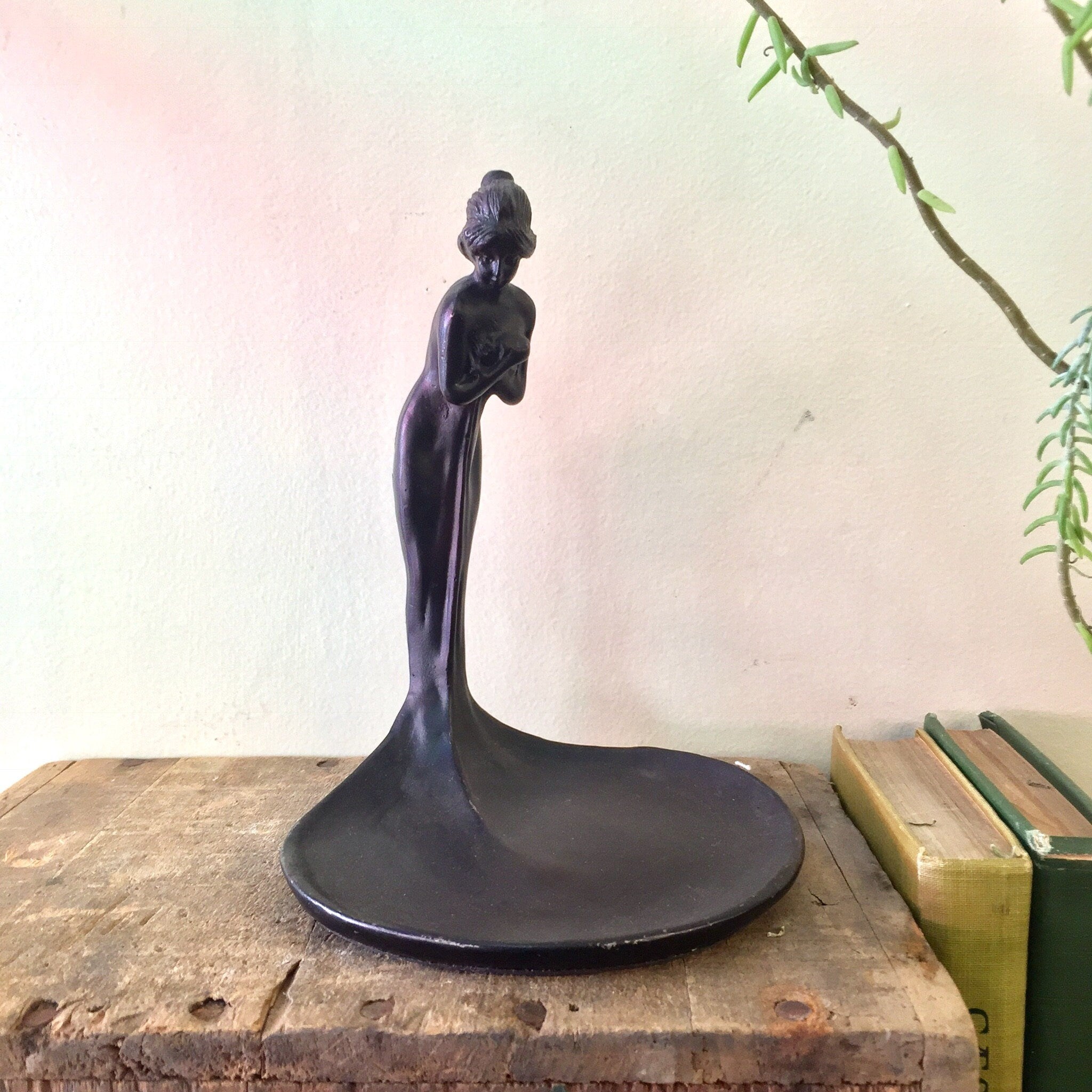Art Deco Dish, Catch All Dish, Vintage Home Decor, Art Deco Decor, Woman, Statue, Art, Figure, Metal, Purple, Eggplant, Ring Dish, Gift