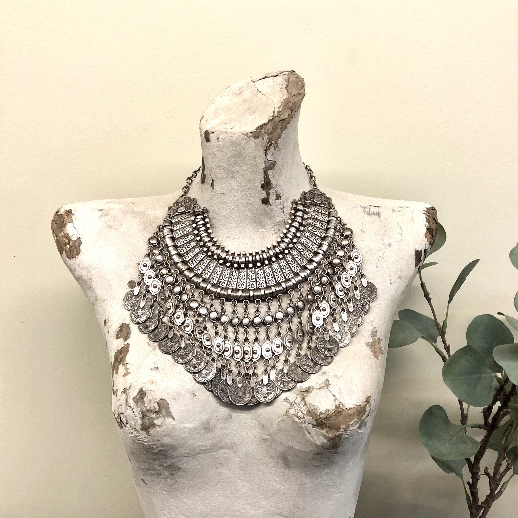 Vintage Necklace, Ottoman Empire Coin, Coin Jewlery, Statement Necklace, Vintage Jewelry, Silver Tone Necklace, Nickel Jewelry, Collar, Bib