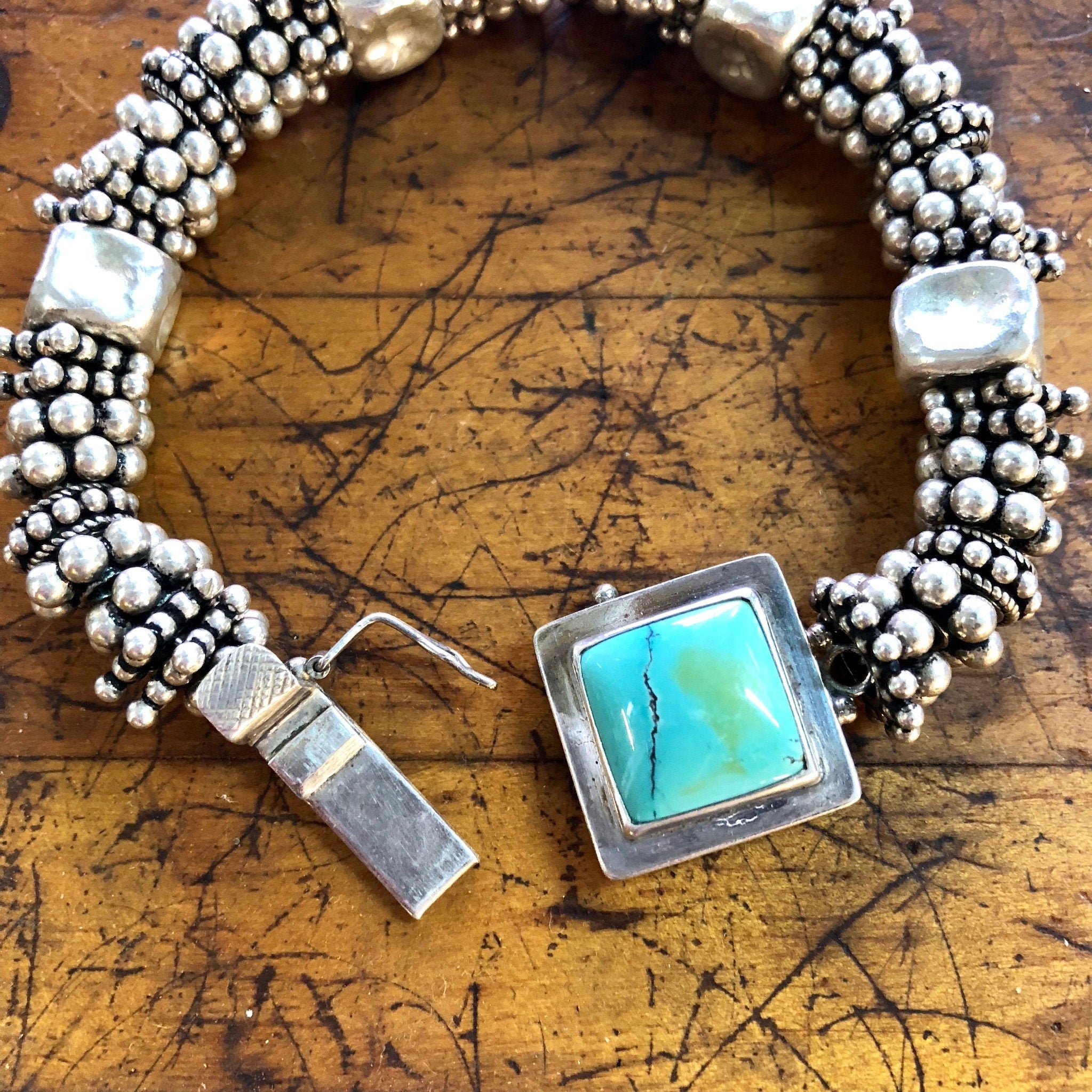 Vintage Silver Bracelet, Turquoise Bracelet, Beaded Bracelet, Statement Jewelry, Sterling Silver, Vintage Jewelry, Blue Turquoise, Green