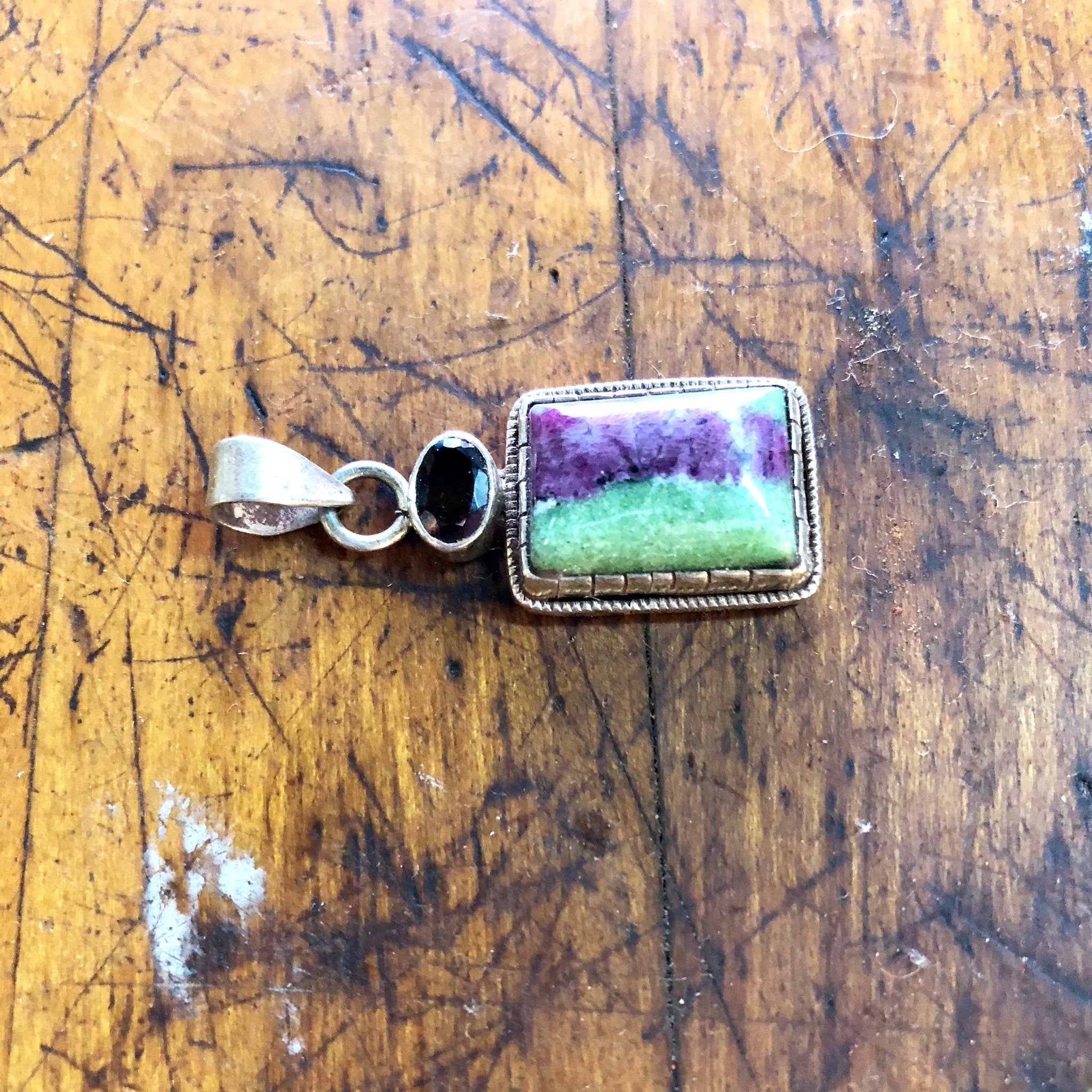 Vintage Silver Pendant, Sterling Silver, Vintage Jewelry, Green, Purple, Natural Stone, Red Gemstone, Garnet Jewelry, Vintage Necklace