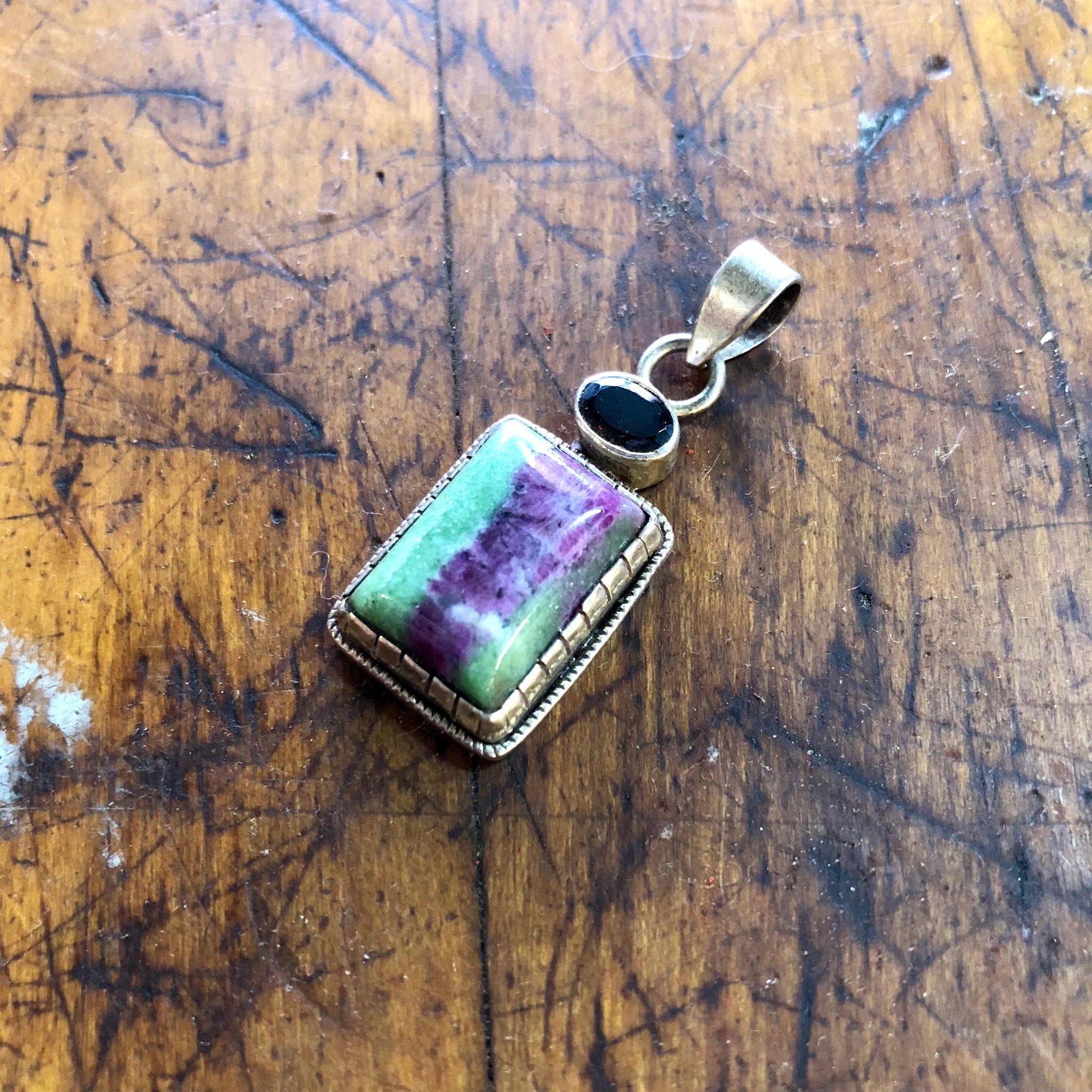Vintage Silver Pendant, Sterling Silver, Vintage Jewelry, Green, Purple, Natural Stone, Red Gemstone, Garnet Jewelry, Vintage Necklace