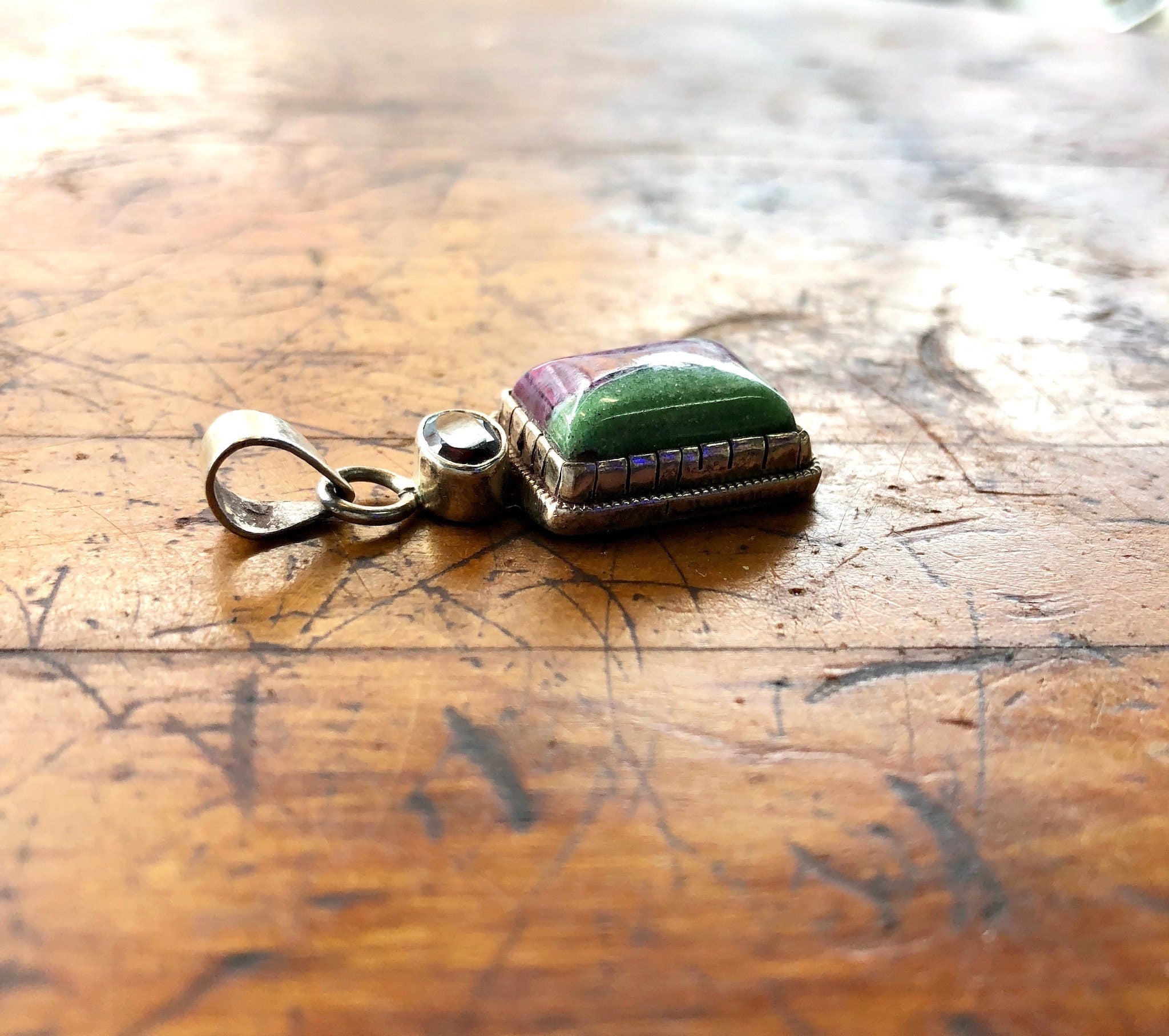 Vintage Silver Pendant, Sterling Silver, Vintage Jewelry, Green, Purple, Natural Stone, Red Gemstone, Garnet Jewelry, Vintage Necklace