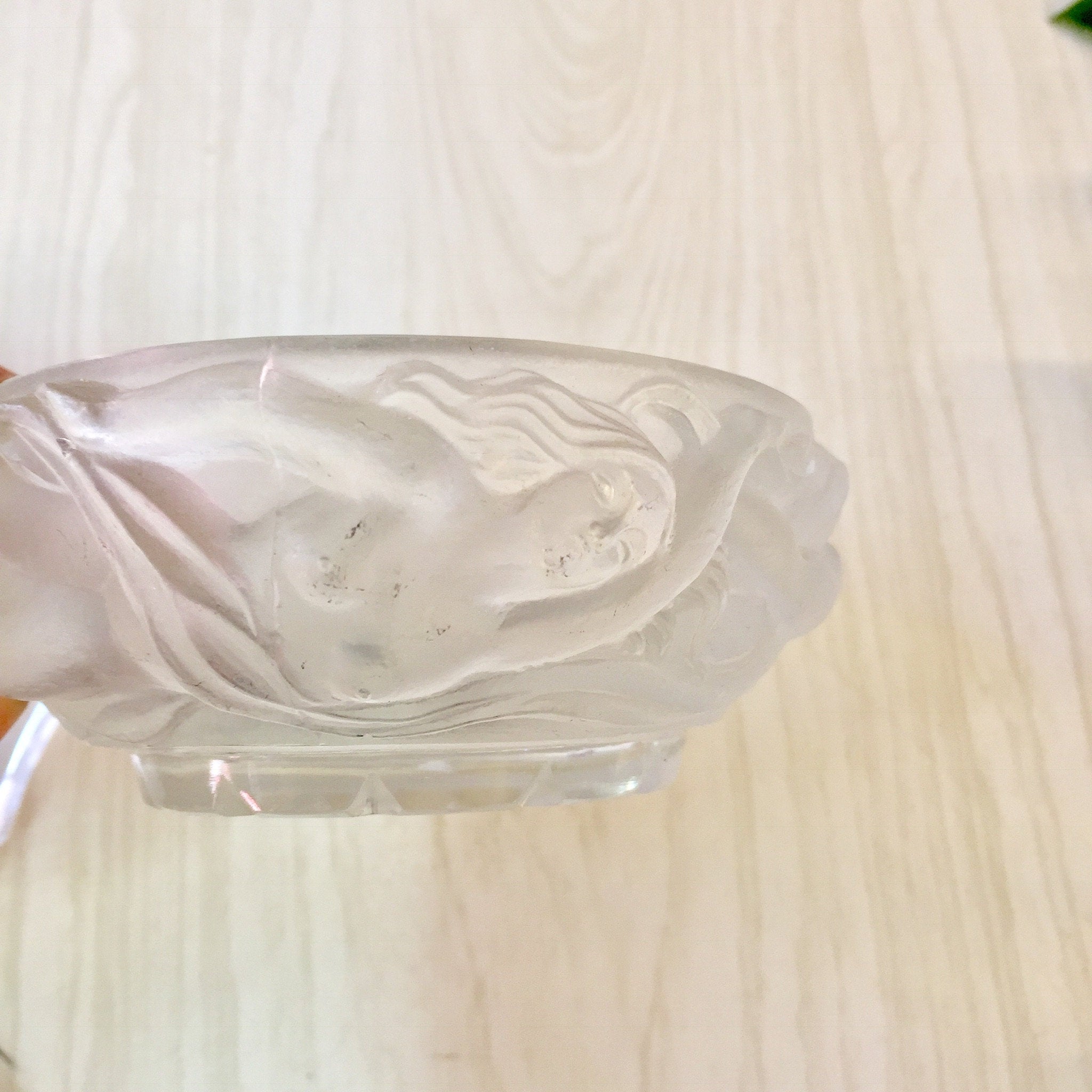 Vintage Glass Jewelry Box, Glass Box, Lidded Glass Box, Frosted Glass, Carved Glass, Naked Women, Art, Woman Figure, Catch All Dish,