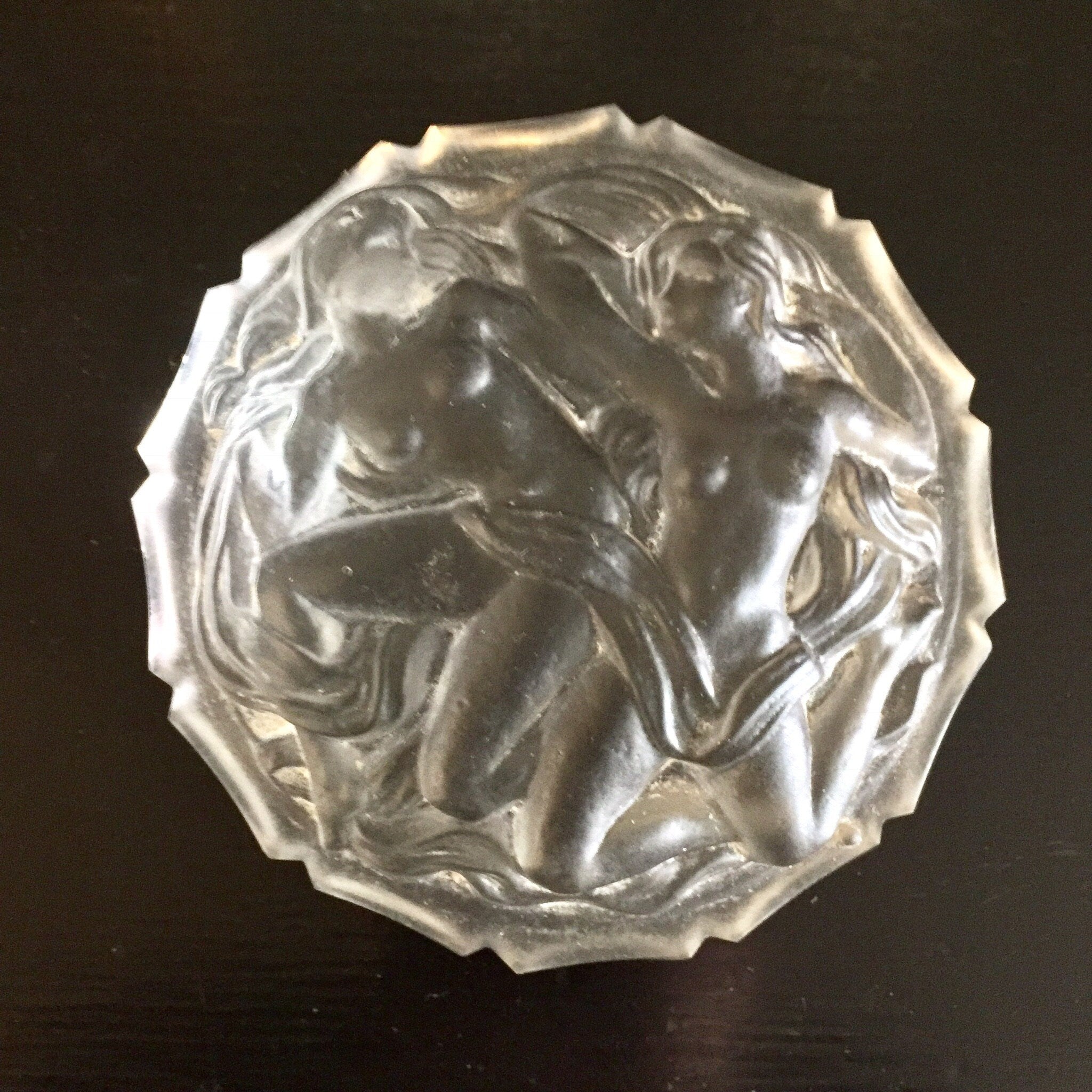 Vintage Glass Jewelry Box, Glass Box, Lidded Glass Box, Frosted Glass, Carved Glass, Naked Women, Art, Woman Figure, Catch All Dish,