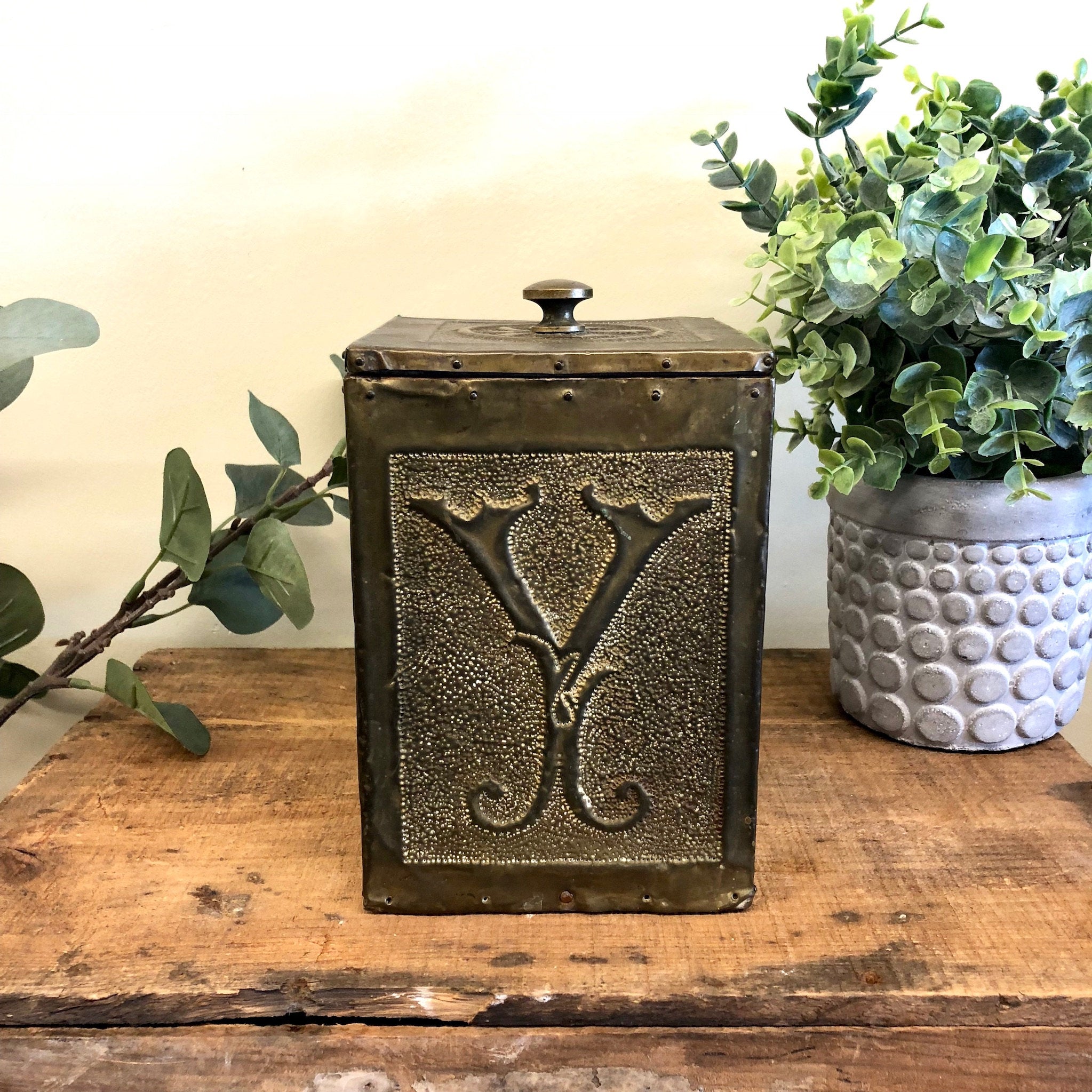 Vintage Tea Box, Tea Canister, Wooden Box, Kitchen Storage, Vintage Home Decor, Brass Box, Brass and Wood, Monogrammed Box, Lidded Container