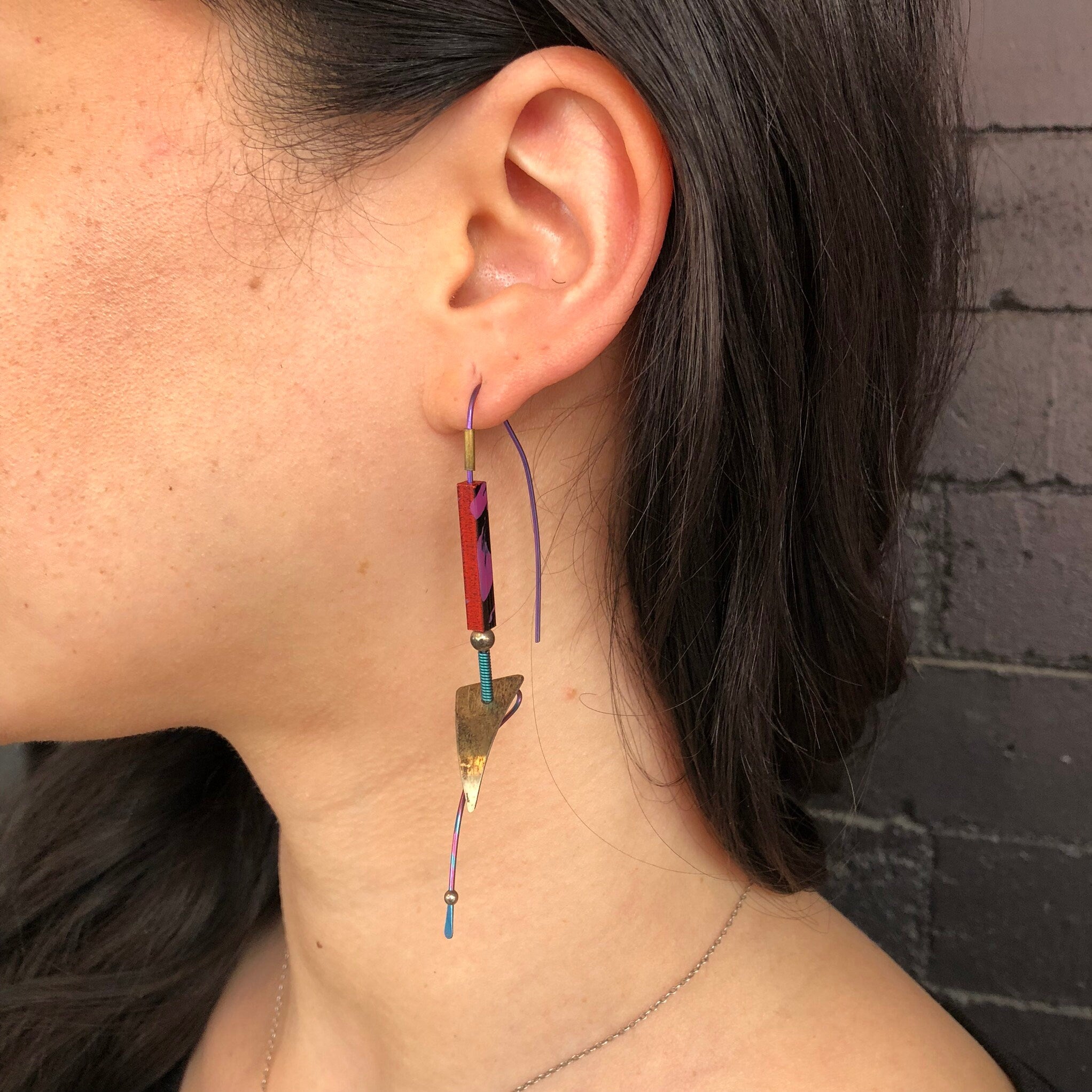 Vintage Threader Earrings, 1980s Earrings, 80's Fashion, Colorful Earrings, Purple, Pink, Blue, Brass, Spring Earrings, Statement Earrings