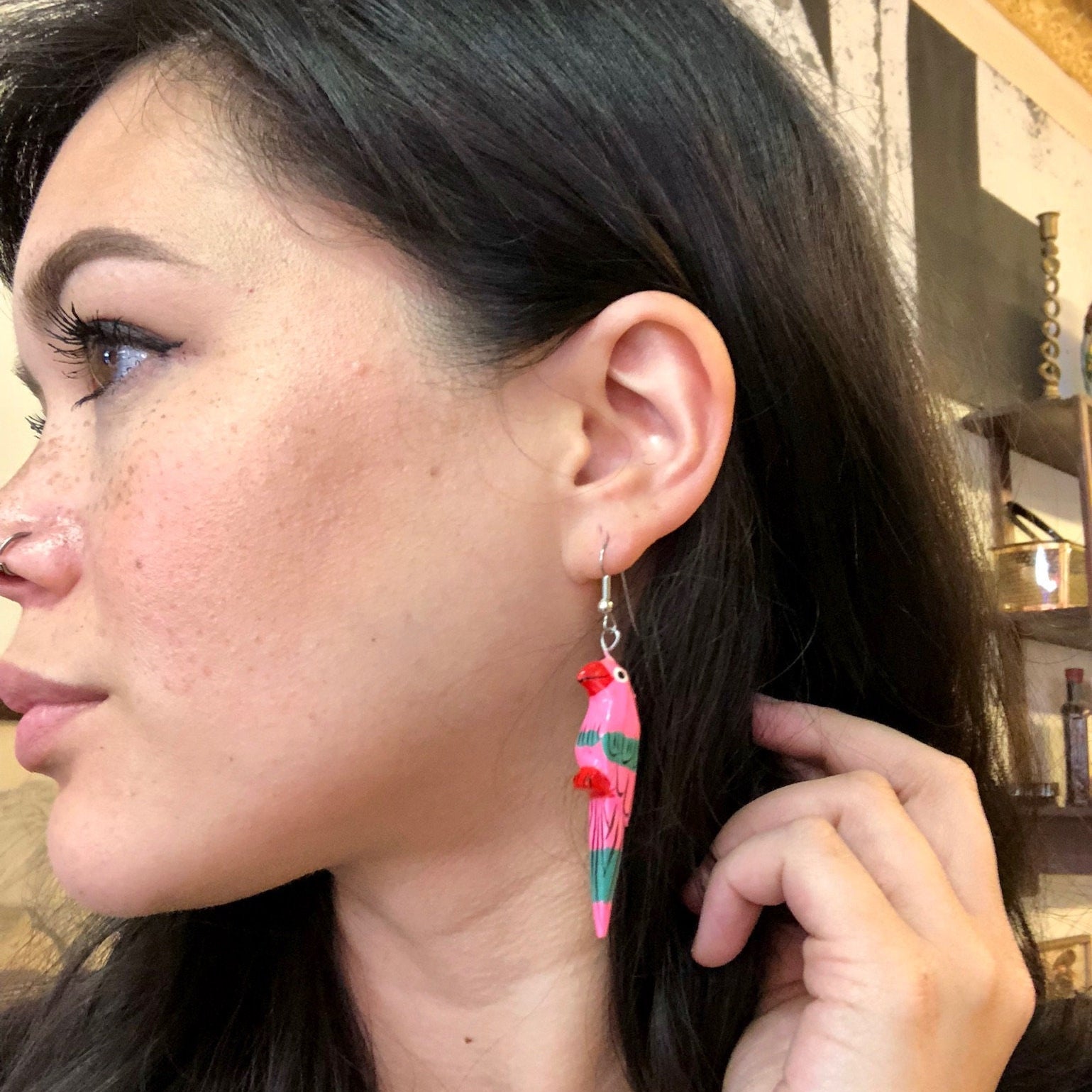 Vintage Earrings, Parrot Earrings, Bird Jewelry, Vintage Jewelry, Pink Parrot, Green, Red, Animal Jewelry, Wooden Earrings, Carved Wood