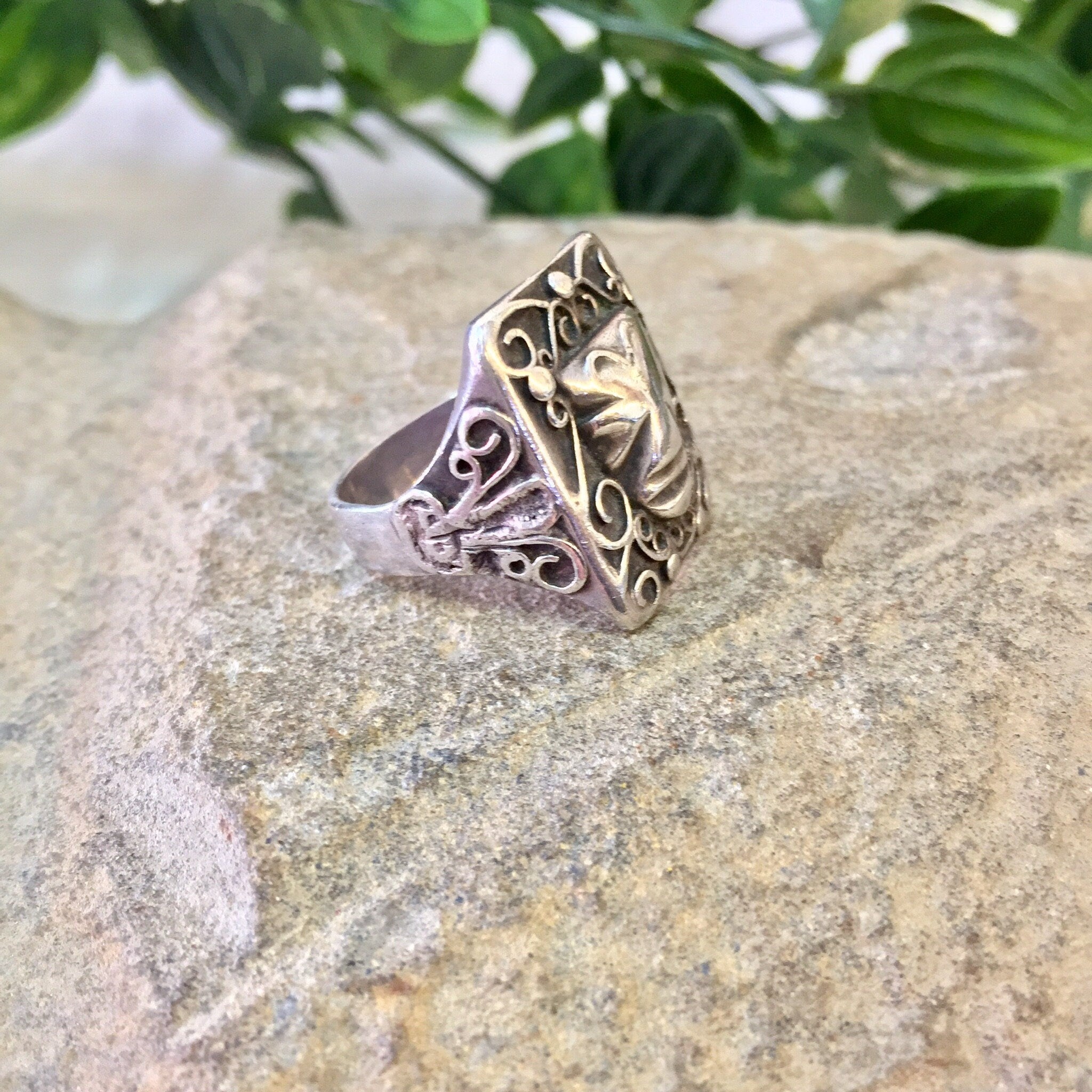 Vintage Silver Ring, Sterling Silver, Vintage Jewelry, Mask Ring, Face Ring, Tribal Jewelry, Ethnic Jewelry, Rectangle Ring, Abstract Ring
