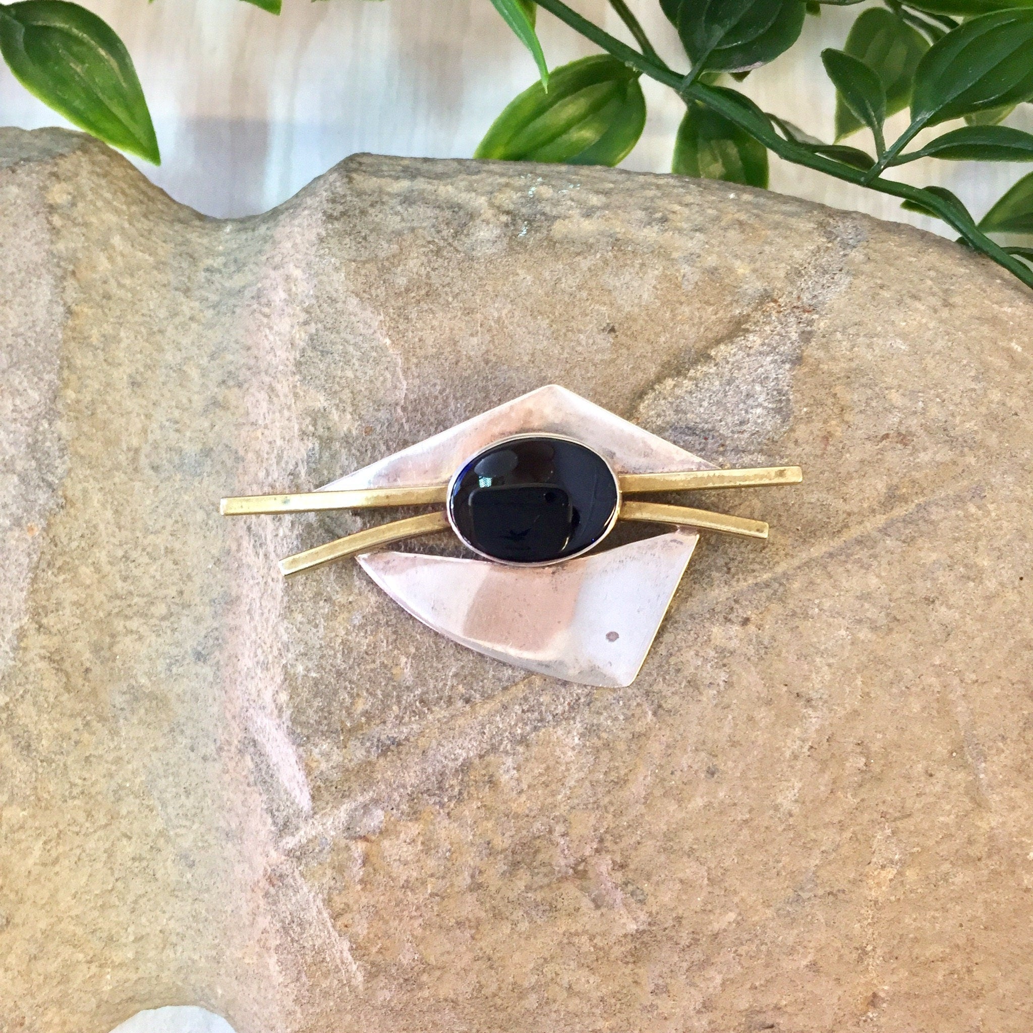 Vintage Silver Brooch, Abstract Brooch, Sterling Silver, Vintage Jewelry, Black Onyx, Brass Brooch, Pin, Black Bead, Gift for Mom, Unique