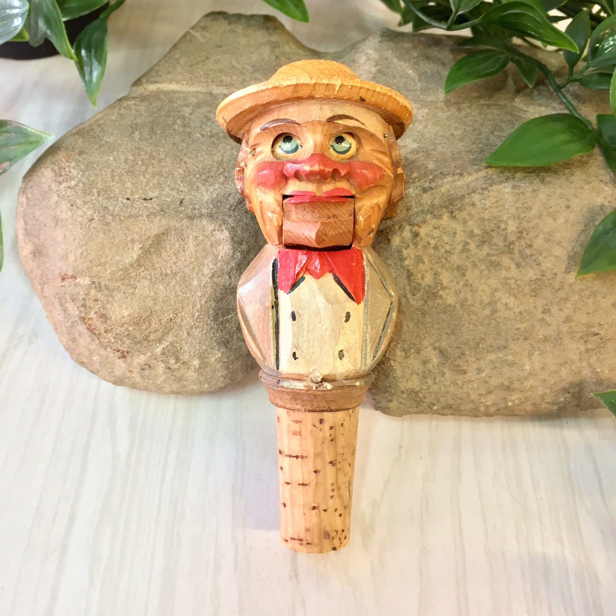 Anri Bottle Stop, Cork Bottle Stop, Hand Carved Wood, Wooden Bottle Stop, Anri Mechanical Stopper, Vintage Home Decor, Wine Stopper, Cork