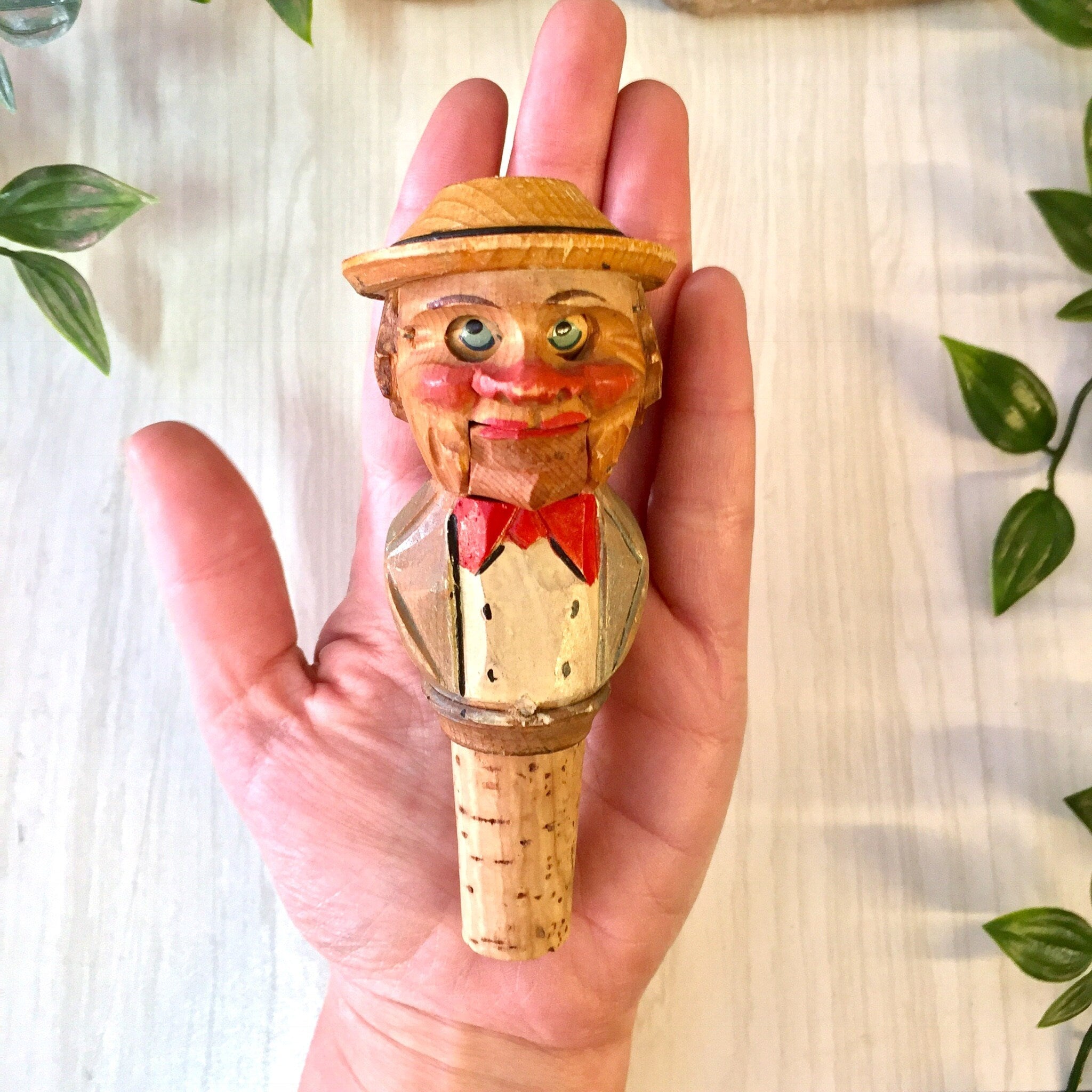 Anri Bottle Stop, Cork Bottle Stop, Hand Carved Wood, Wooden Bottle Stop, Anri Mechanical Stopper, Vintage Home Decor, Wine Stopper, Cork