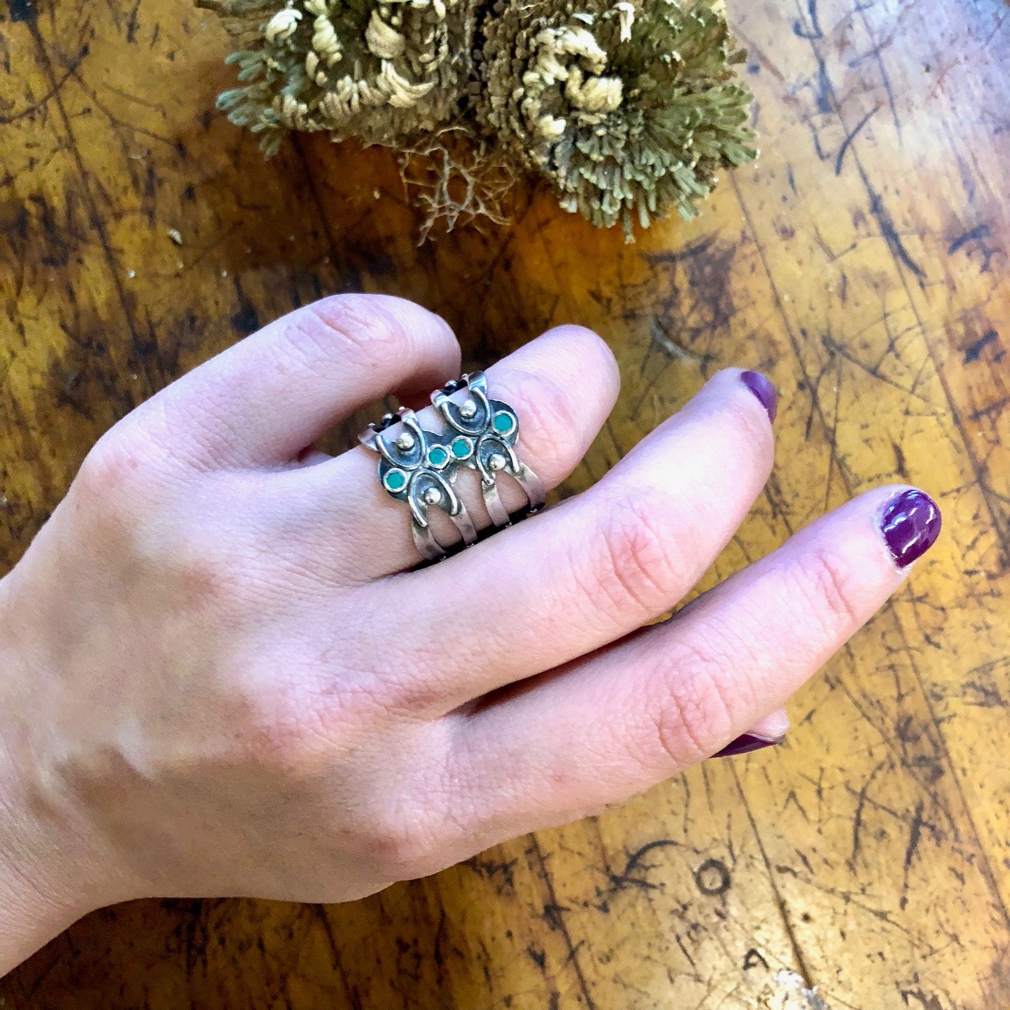 Vintage Silver Ring, Statement Ring, Sterling Silver, Vintage Jewelry, Green Jewelry, Green Stones, Cut Out Ring, Thick Ring, Green