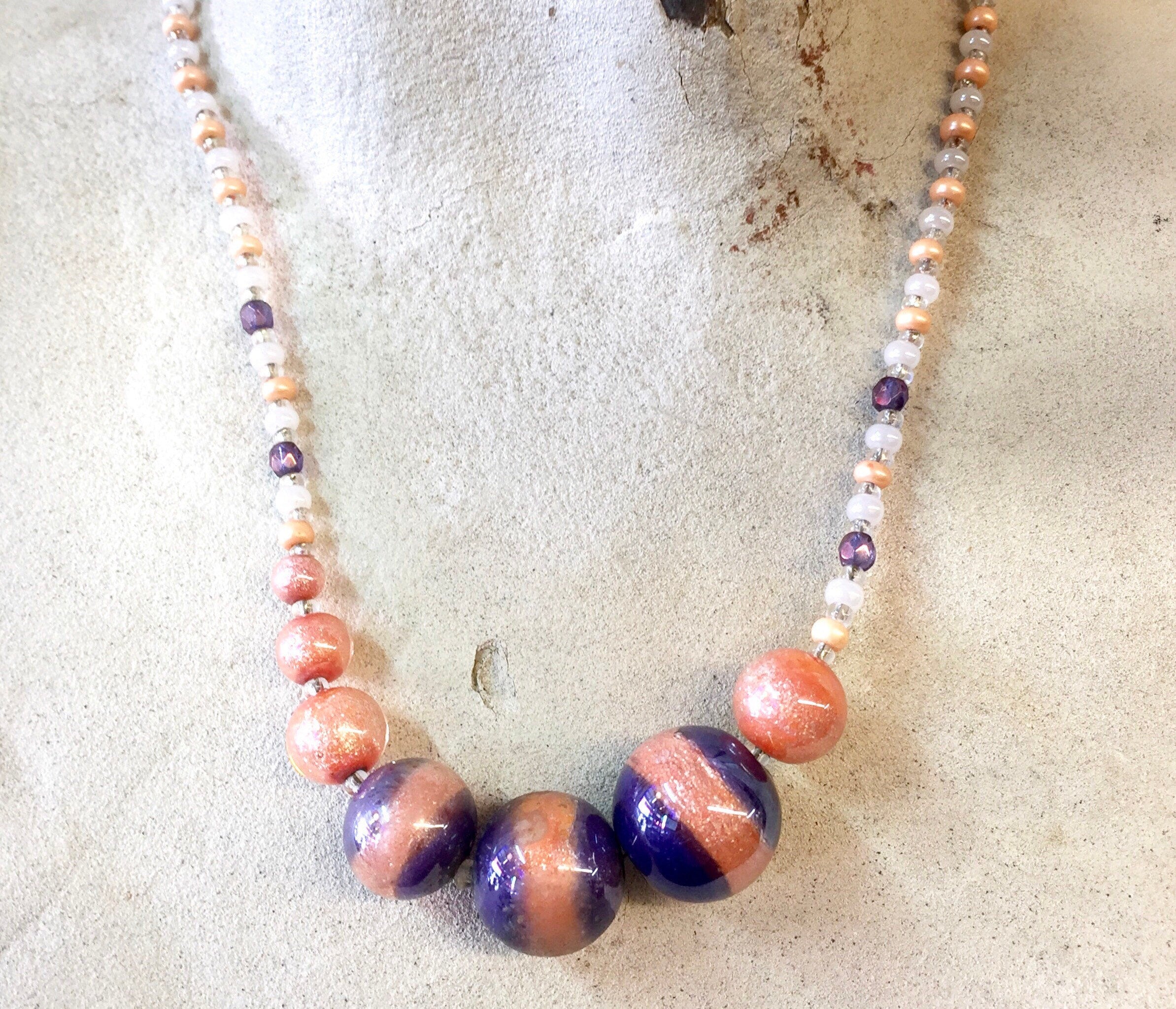 Antica Murrina Necklace, Glass Beaded Necklace, Purple, Pink, Asymmetrical Necklace, White, Blue, Beaded Jewelry, Glass Beads, Statement