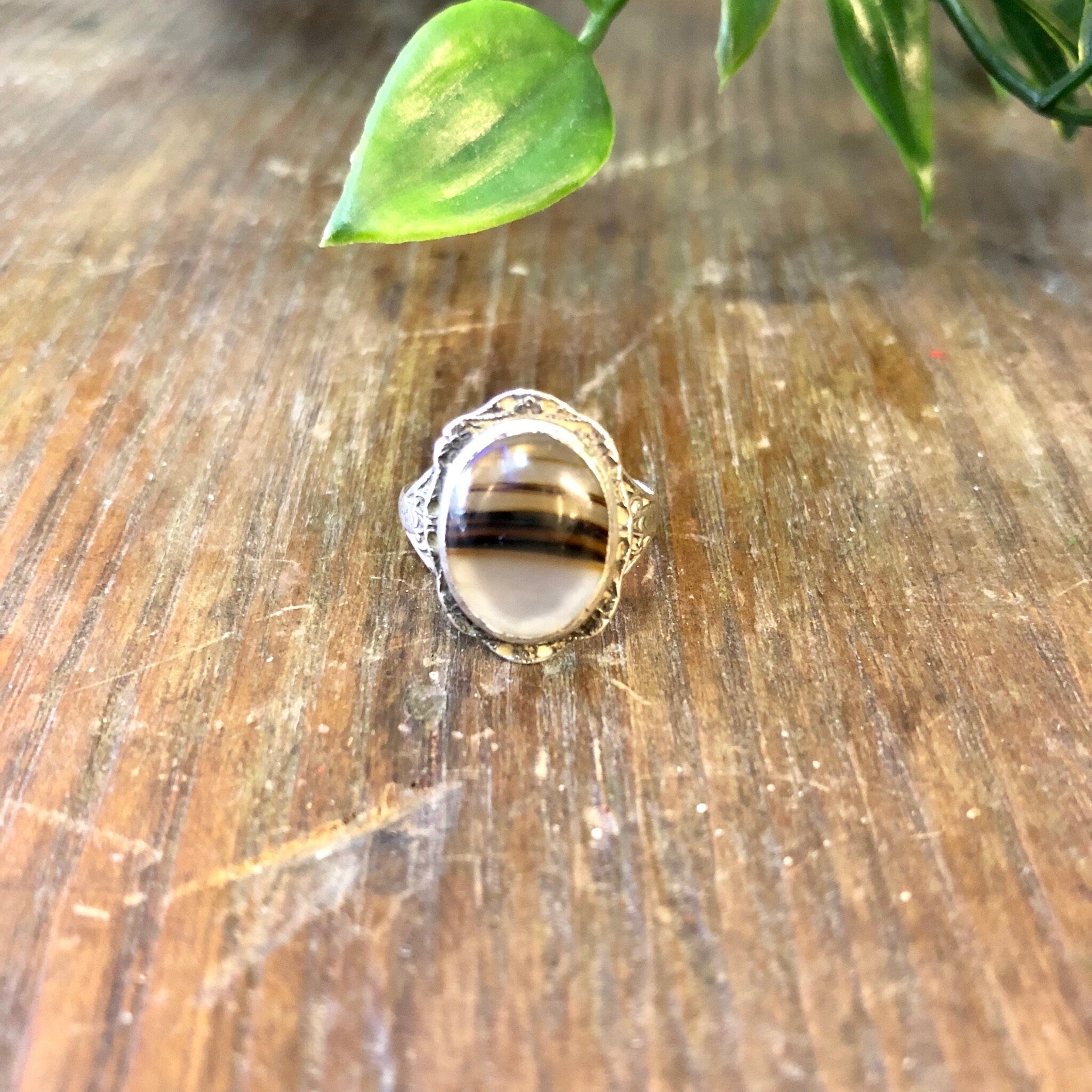 Vintage Silver Ring, Striped Agate Ring, Agate Jewelry, Brown Agate, Sterling Silver, Vintage Jewelry, Bohemian Jewelry, US Size 5.5