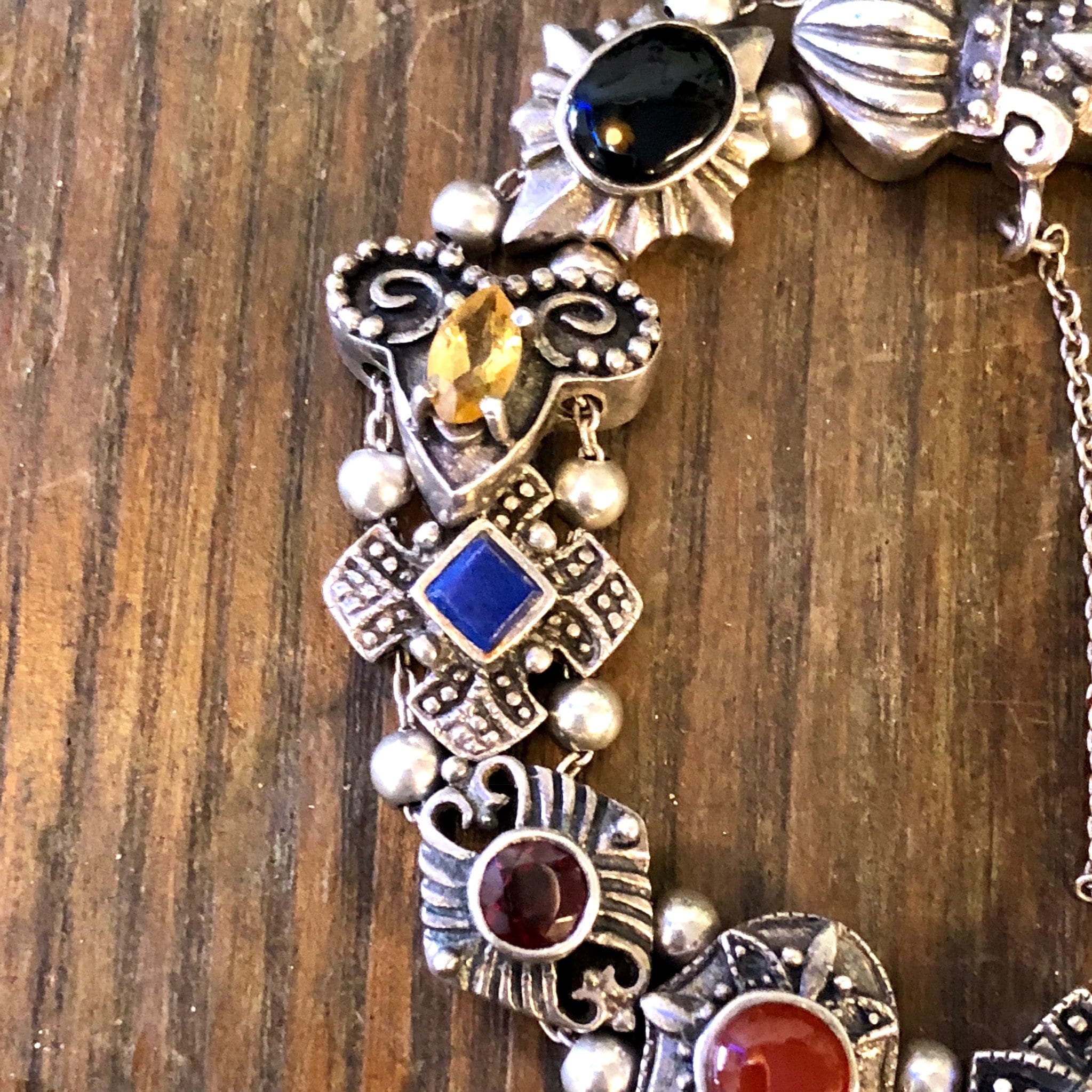 Vintage Silver Bracelet, Sterling Silver, Vintage Jewelry, Beaded Bracelet, Charm Bracelet, Black Onyx, Citrine, Orange, Blue, Gemstones