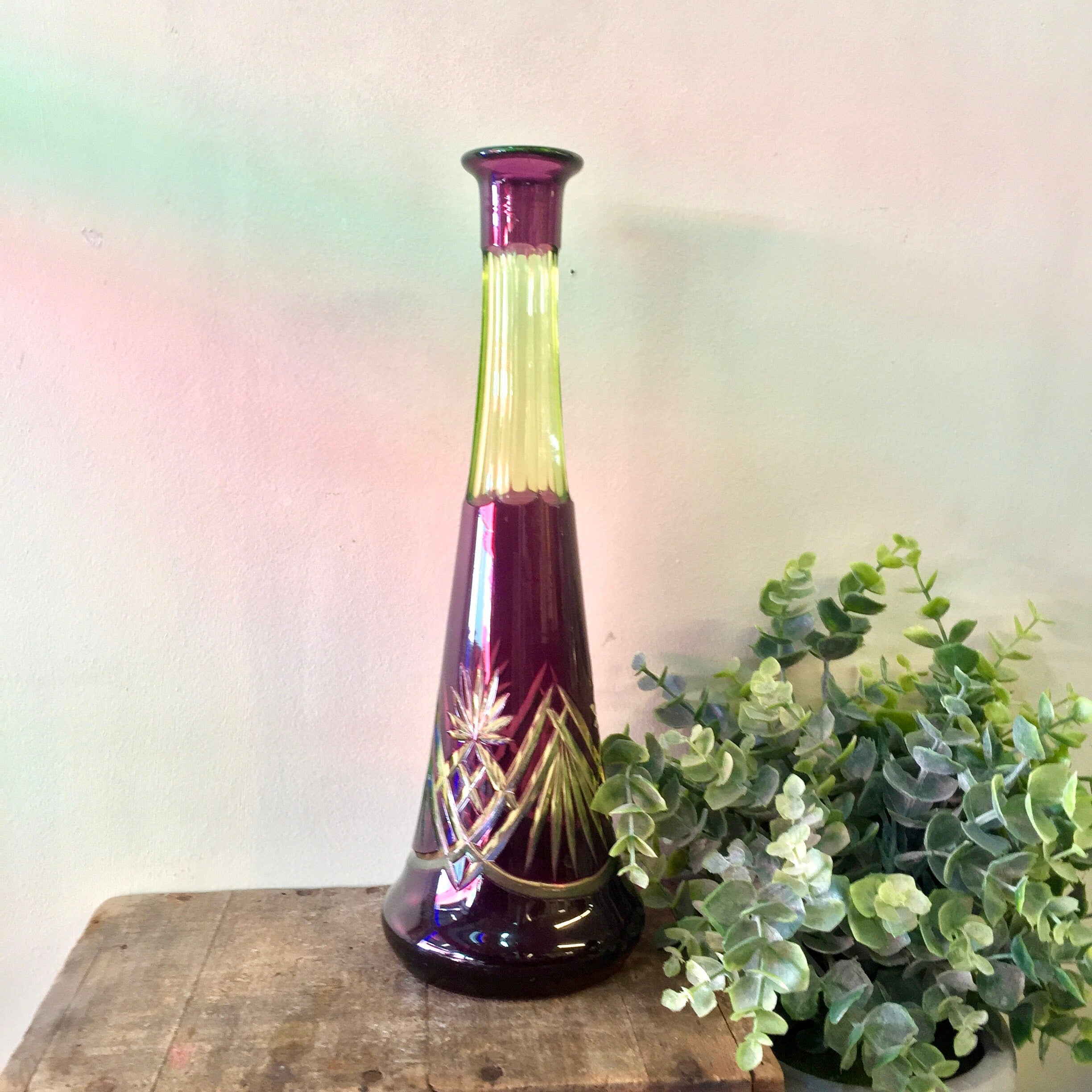 Vintage Glass Vase, Purple Vase, Green Vase, Yellow, Etched Glass, Art Glass, Art Vase, Centerpiece, Wedding Decor, Vase, Vintage Home Decor