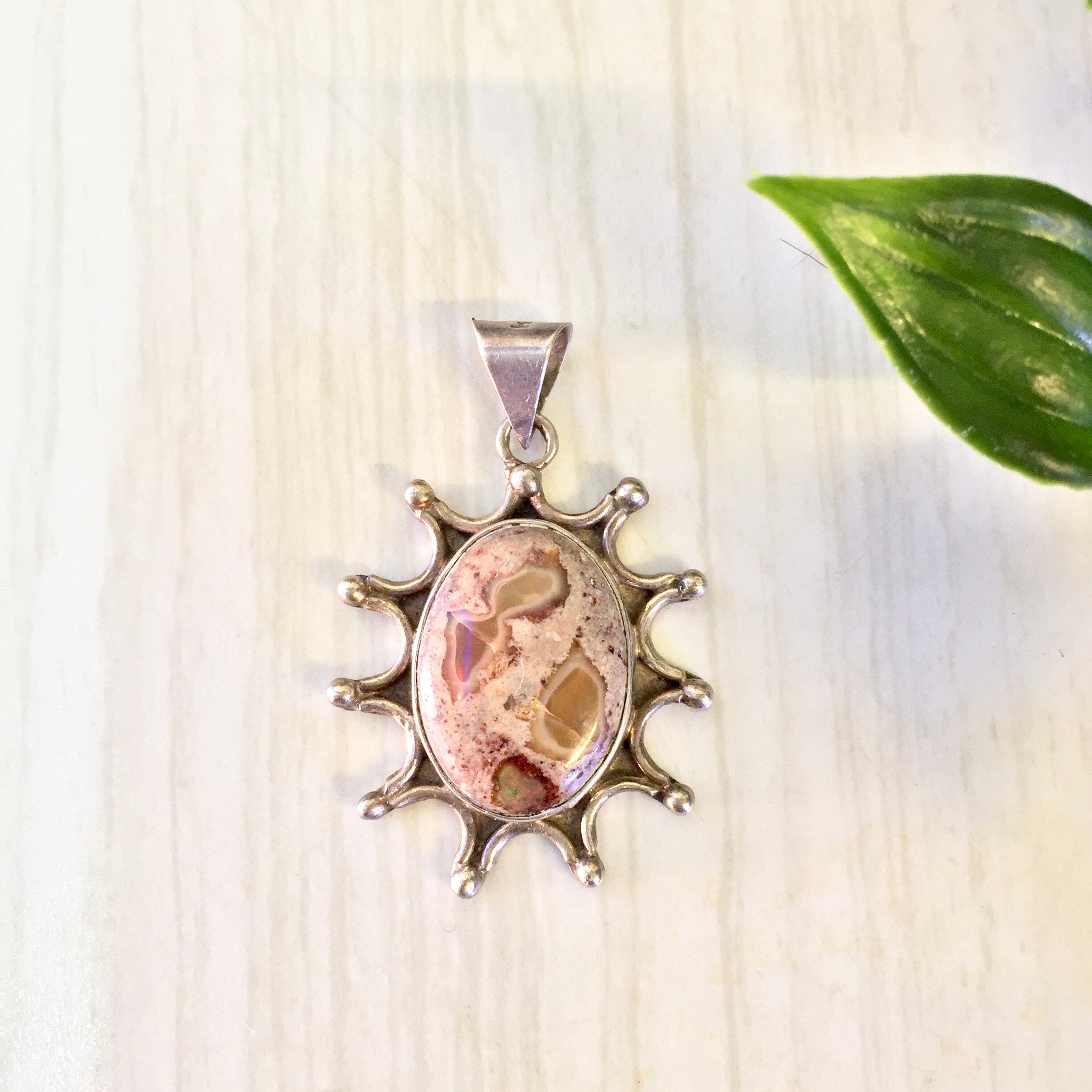 Vintage Silver Pendant, Natural Stone, Sunburst, Sterling Silver, Vintage Jewelry, Made in Mexico, Vintage Necklace, Pendant, Agate, Pink