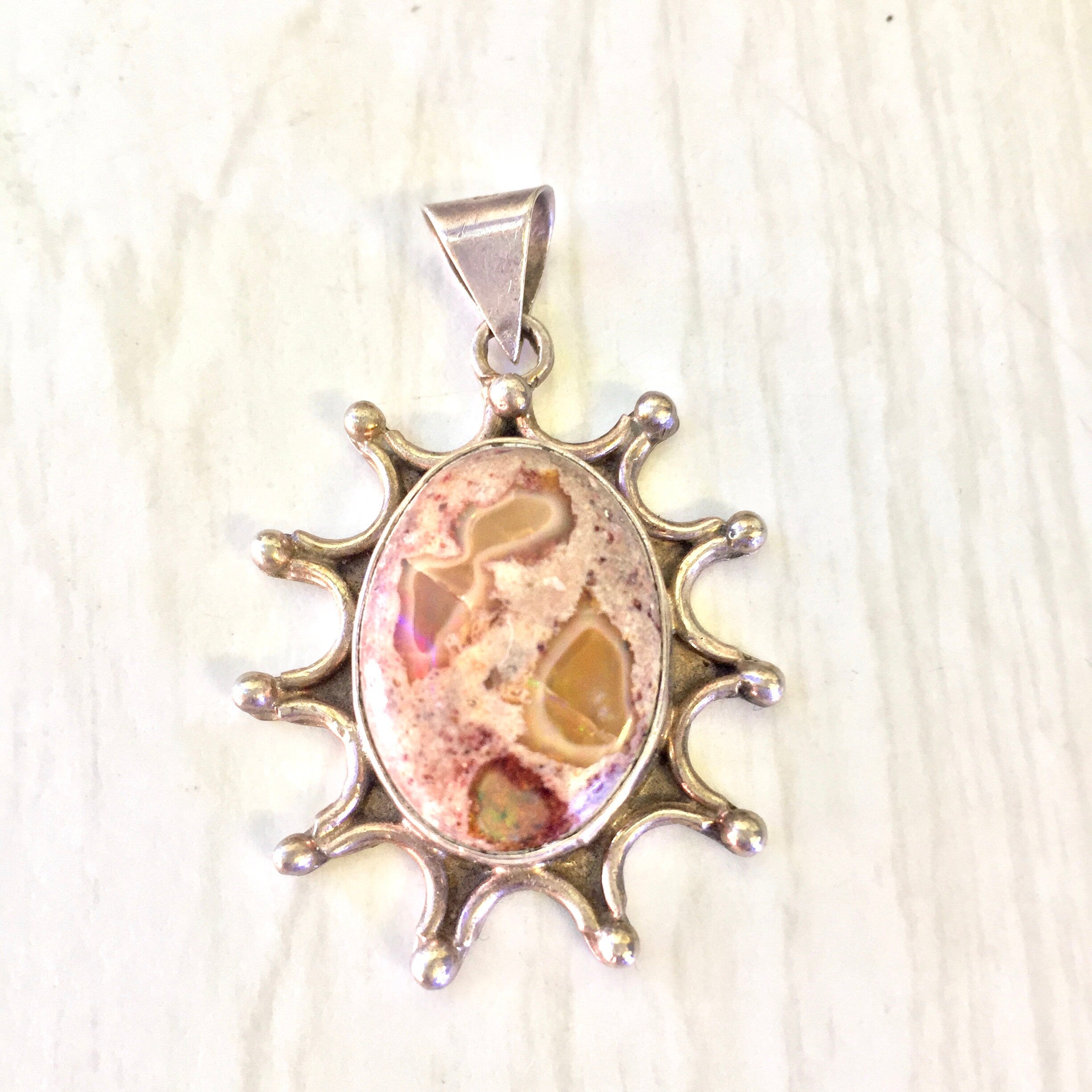 Vintage Silver Pendant, Natural Stone, Sunburst, Sterling Silver, Vintage Jewelry, Made in Mexico, Vintage Necklace, Pendant, Agate, Pink