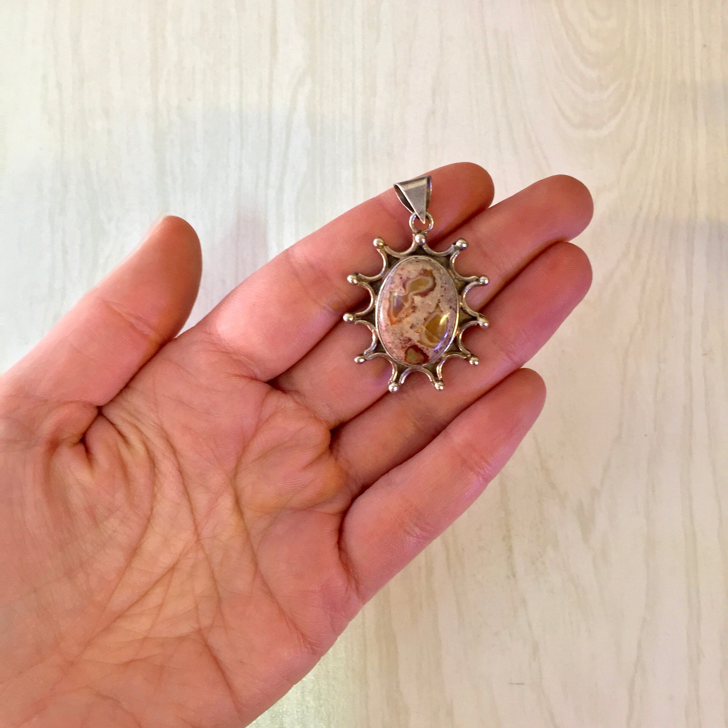 Vintage Silver Pendant, Natural Stone, Sunburst, Sterling Silver, Vintage Jewelry, Made in Mexico, Vintage Necklace, Pendant, Agate, Pink