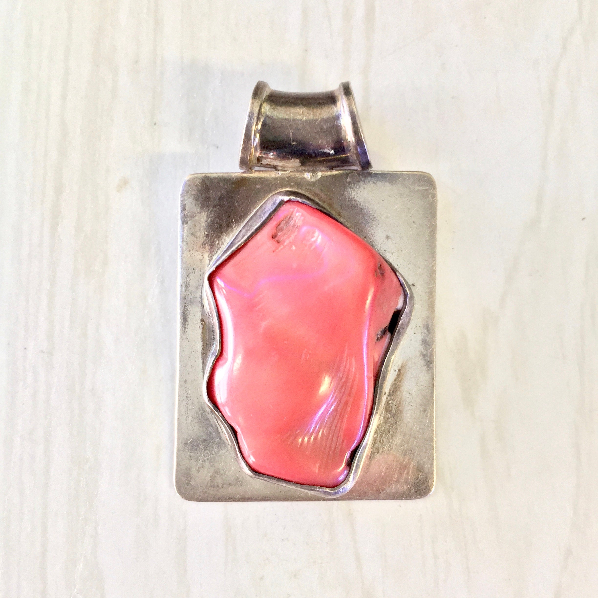 Vintage Silver Pendant, Large Pendant, Coral Stone, Vintage Necklace, Sterling Silver, Vintage Jewelry, Pink, Red, Necklace, Natural Stone