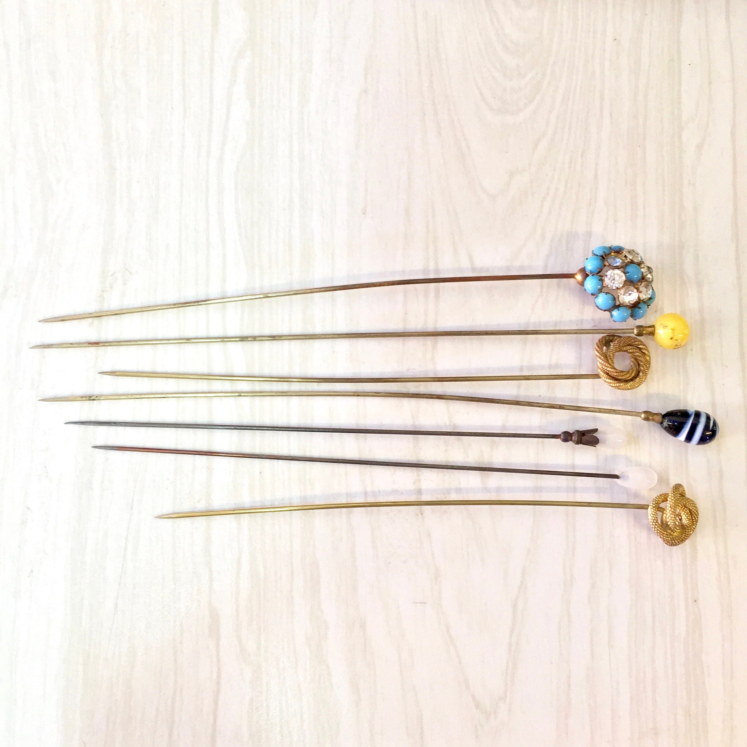 Vintage Hat Pins, Lot of Hat Pins, Large Hat Pins, Stick Pins, Scarf Pins, Blue, Yellow, Gold, Black, White, Gold, Collectible, Gift for Mom