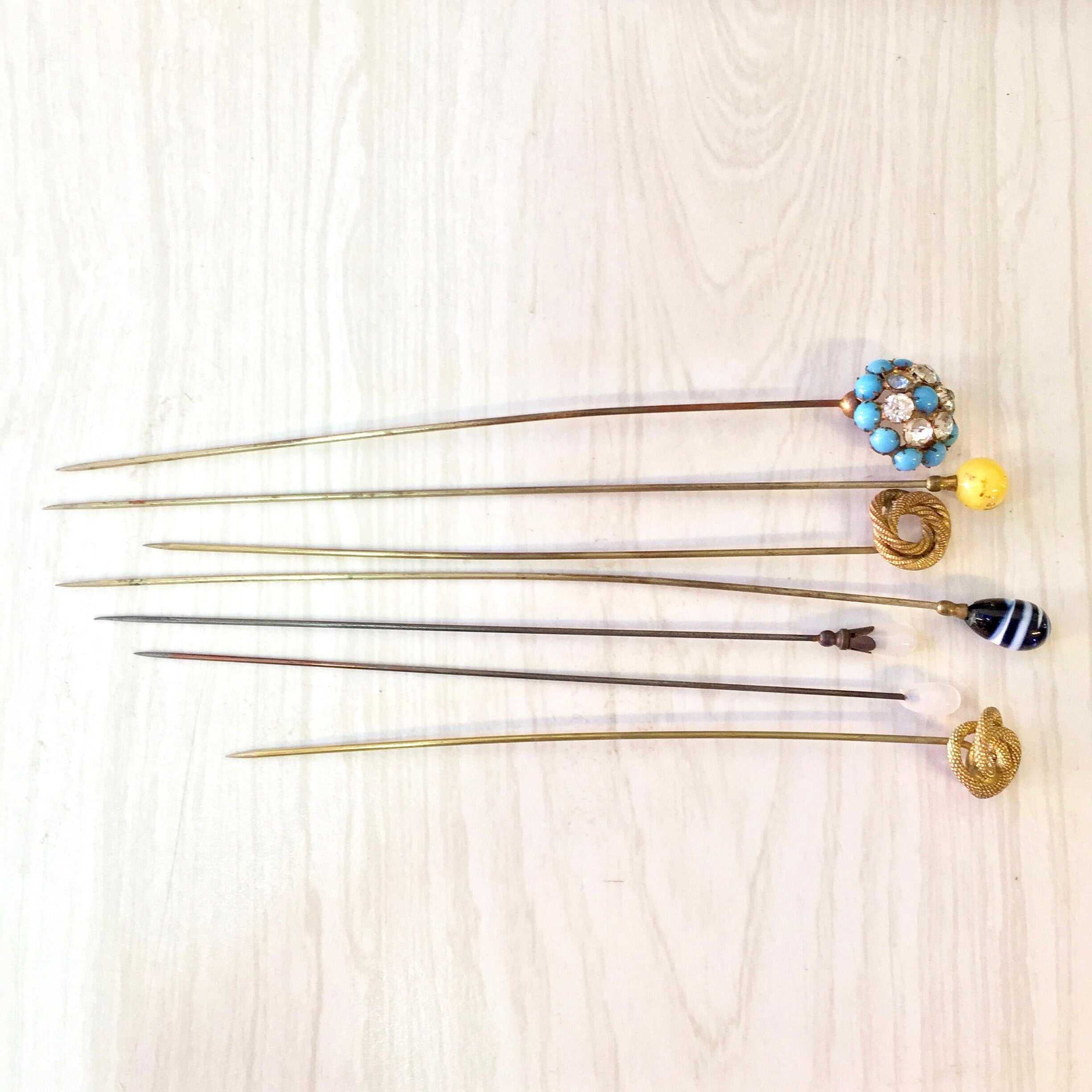 Vintage Hat Pins, Lot of Hat Pins, Large Hat Pins, Stick Pins, Scarf Pins, Blue, Yellow, Gold, Black, White, Gold, Collectible, Gift for Mom